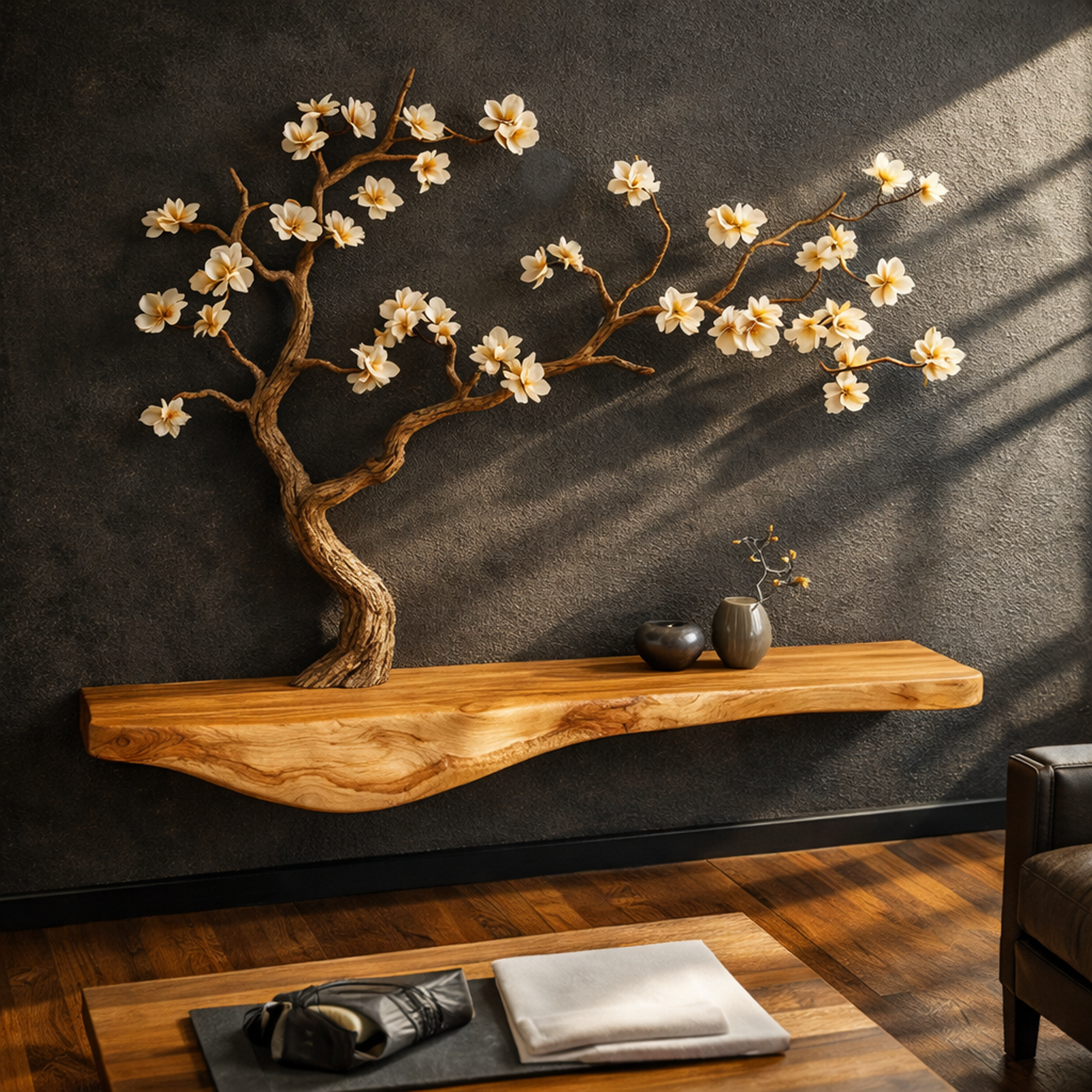 Rustic Tree Inspired Wall Shelf Solid Wood For Japandi Style Room SINLKIFL257