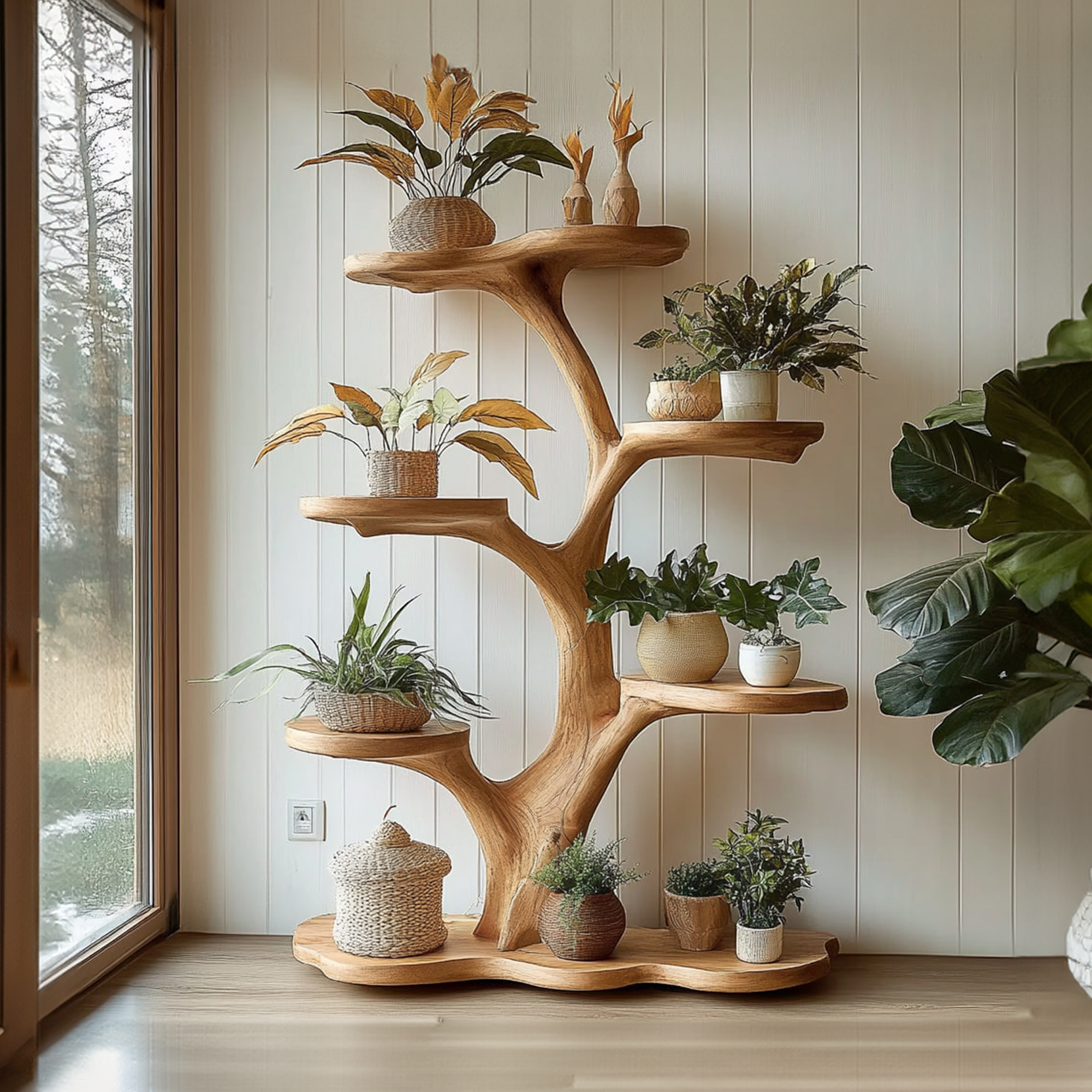 indoor plant display stand Rustic Tree Plant Shelf Indoor Green Display Living Room SINLKITT074
