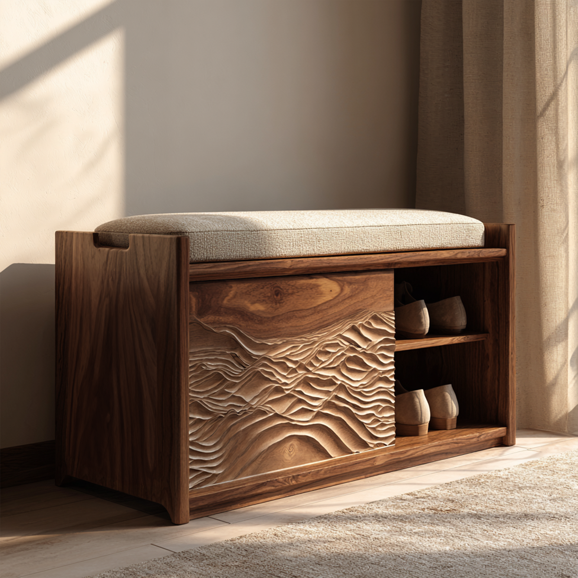 Rustic Sculptural Storage Bench For Bedroom And Resting Area SINLKISB085