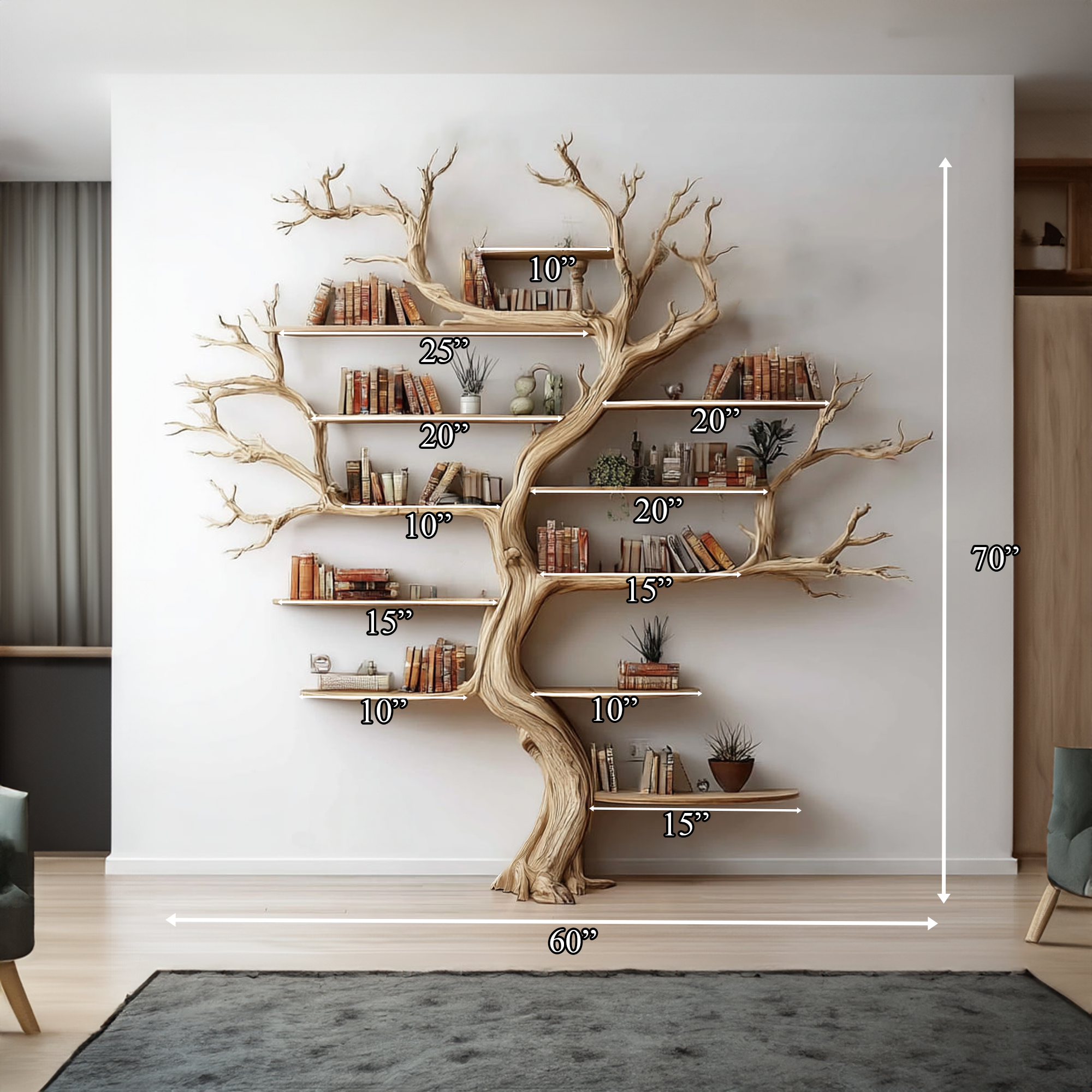 Rustic Tree Wall Bookshelf Living Room SINLKITB288
