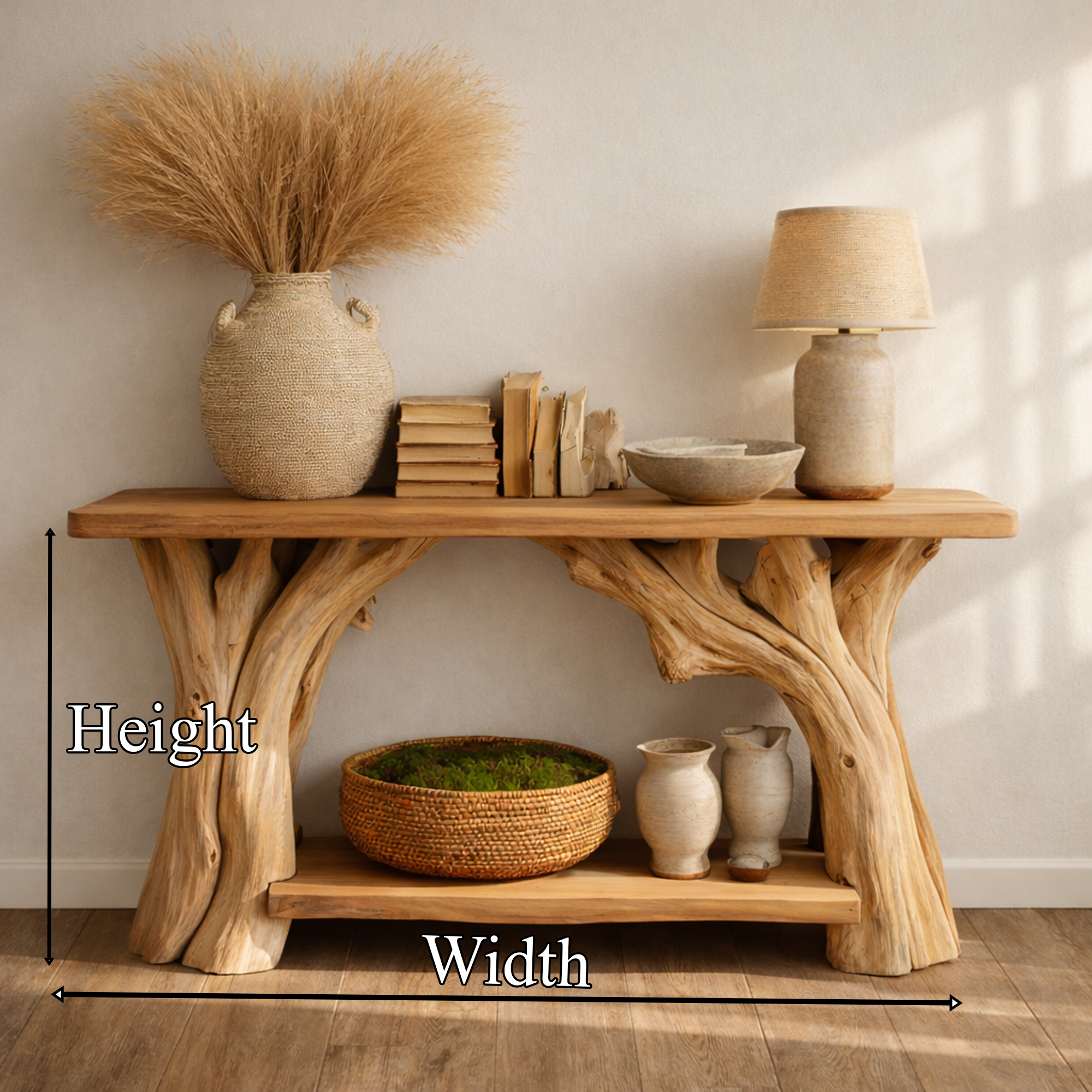 Organic Rustic Console Table Sculptural Tree Legs And Bottom Shelf For Hallway SINLKICS481