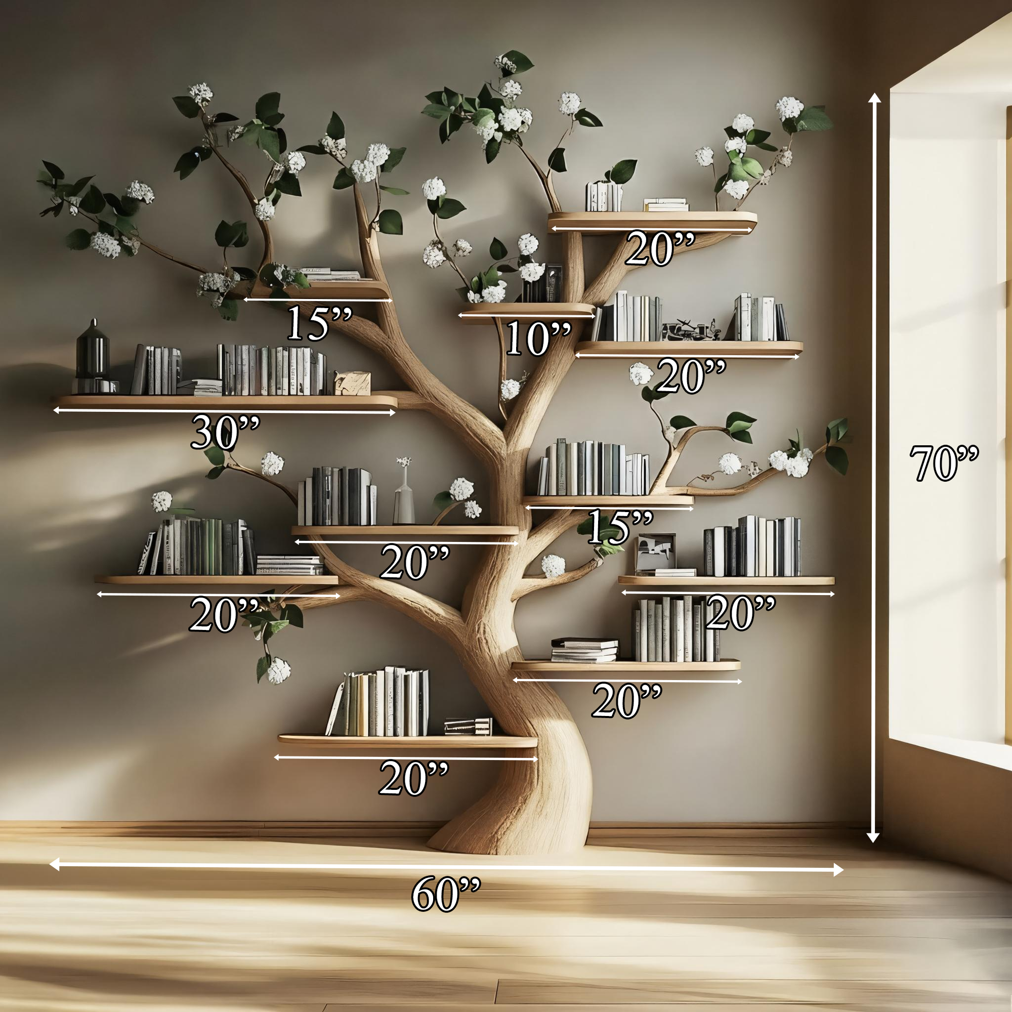 Rustic Organic Floral Tree Bookshelf Living Room Or Bedroom SINLKITB576