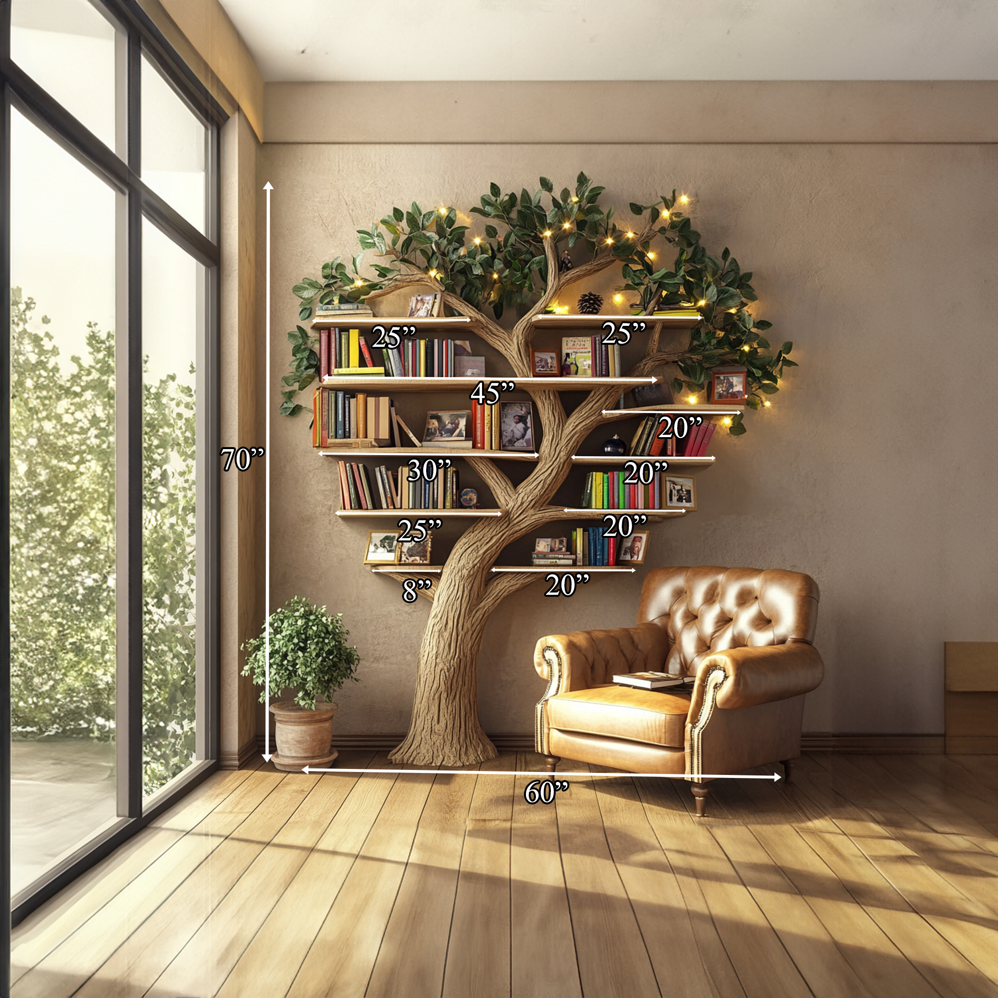 Rustic Tree Wall Bookshelf Warm Reading Corner SINLKITB534