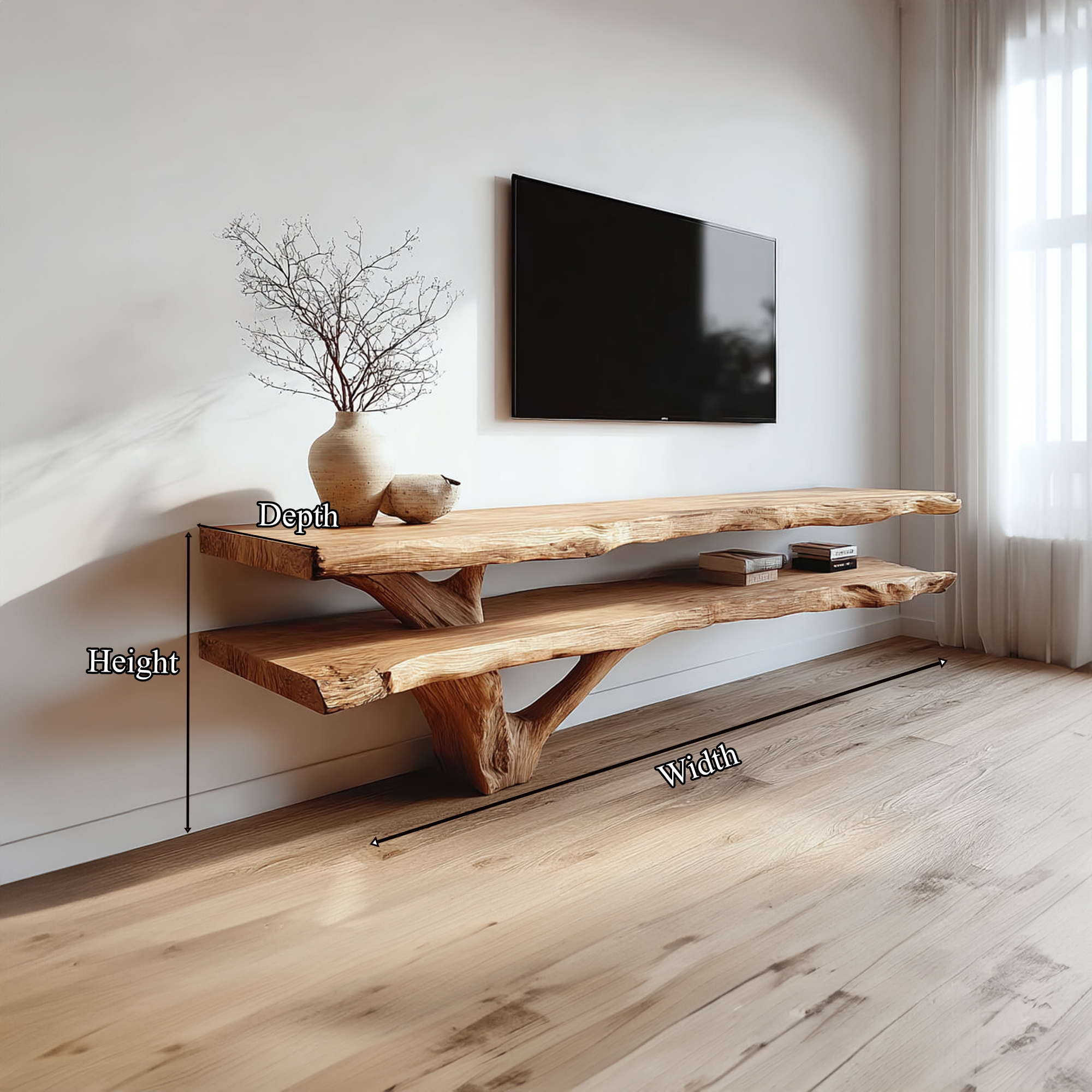 Rustic TV Console Table Live Edge Double Shelf Living Room SINLKICS310