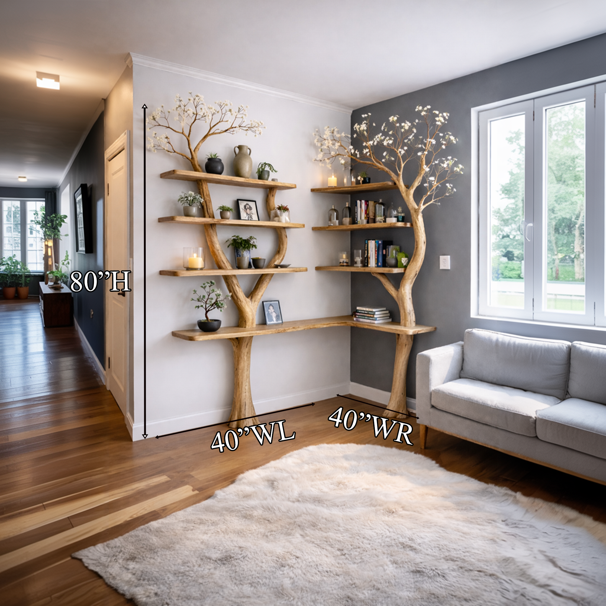 Nature Inspired Tree Display Bookcase Solid Wood Living Room Interior Wall Feature SINLKITB640