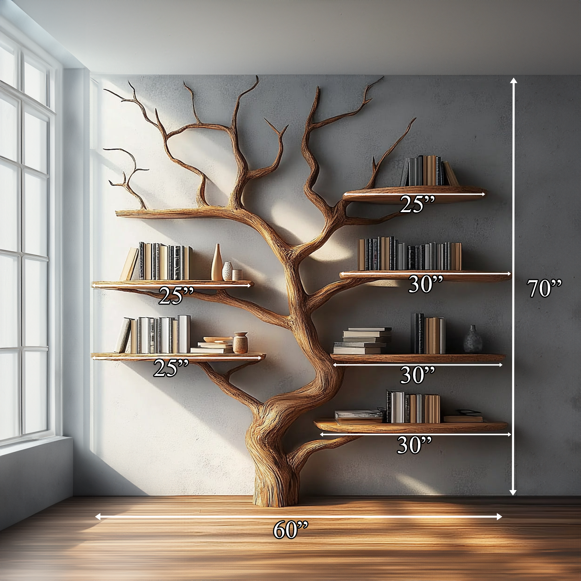 Rustic Tree Wall Shelf Solid Wood Minimal Artistic Design Living Room SINLKITB555