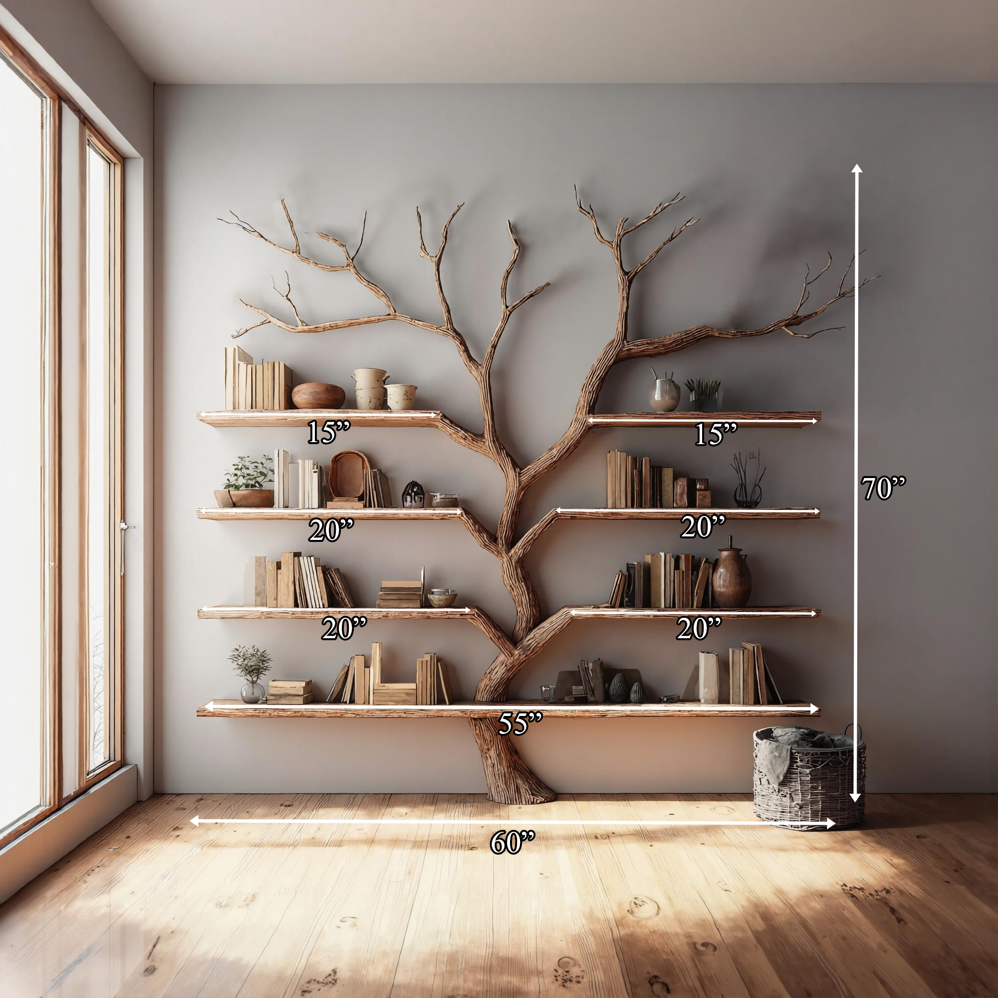Rustic Tree Bookshelf Living Room Large Wall Display SINLKITB321