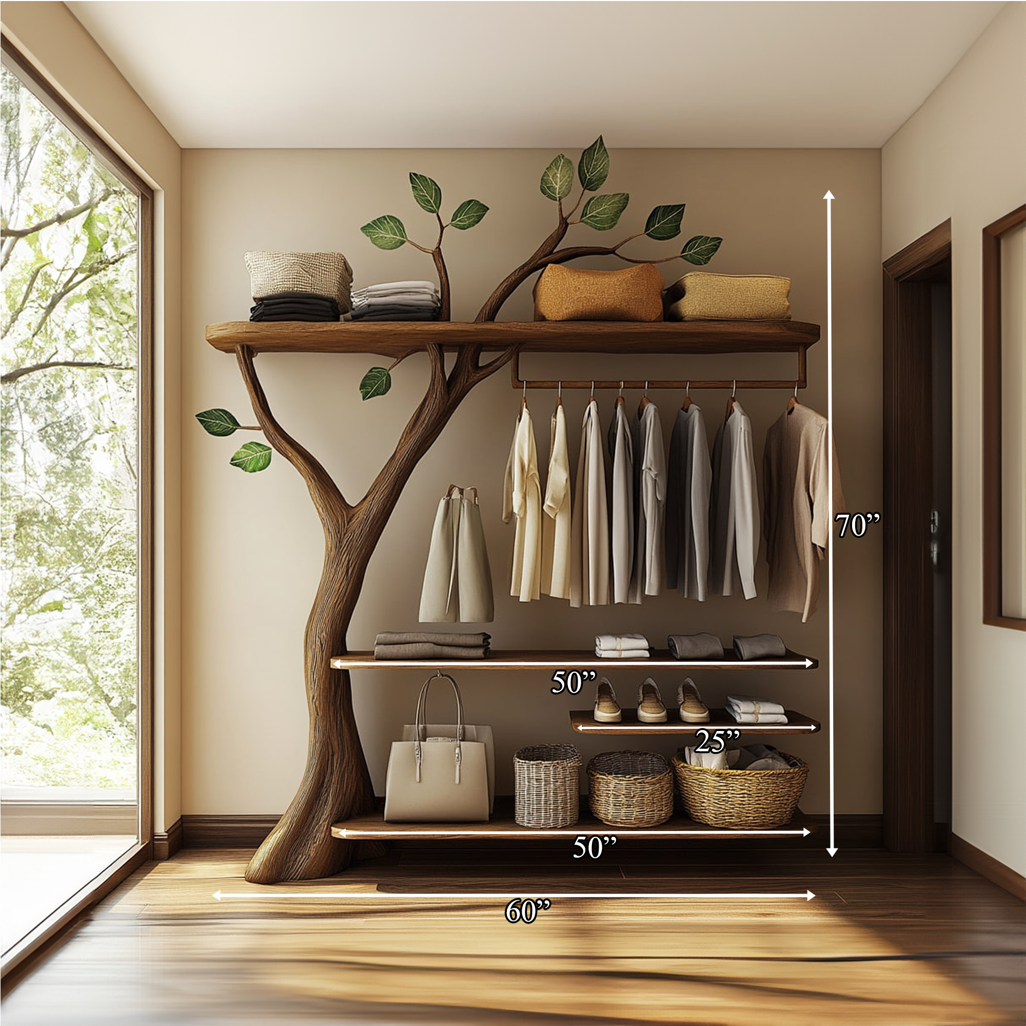 Rustic Solid Wood Tree Clothing Rack Artistic Bedroom SINLKITCR047