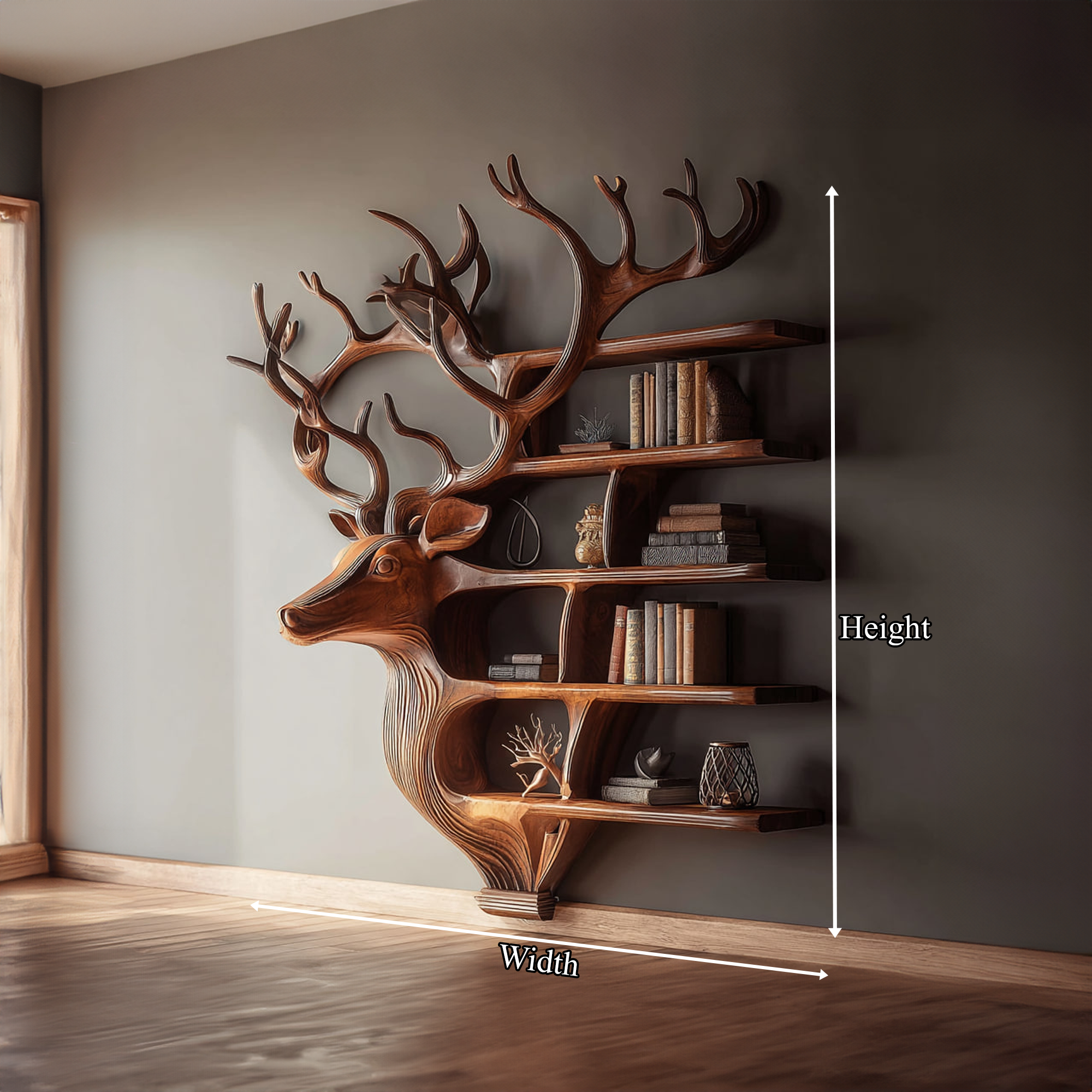 Rustic Deer Bookshelf Wall Mounted Living Room Display SINLKISC128