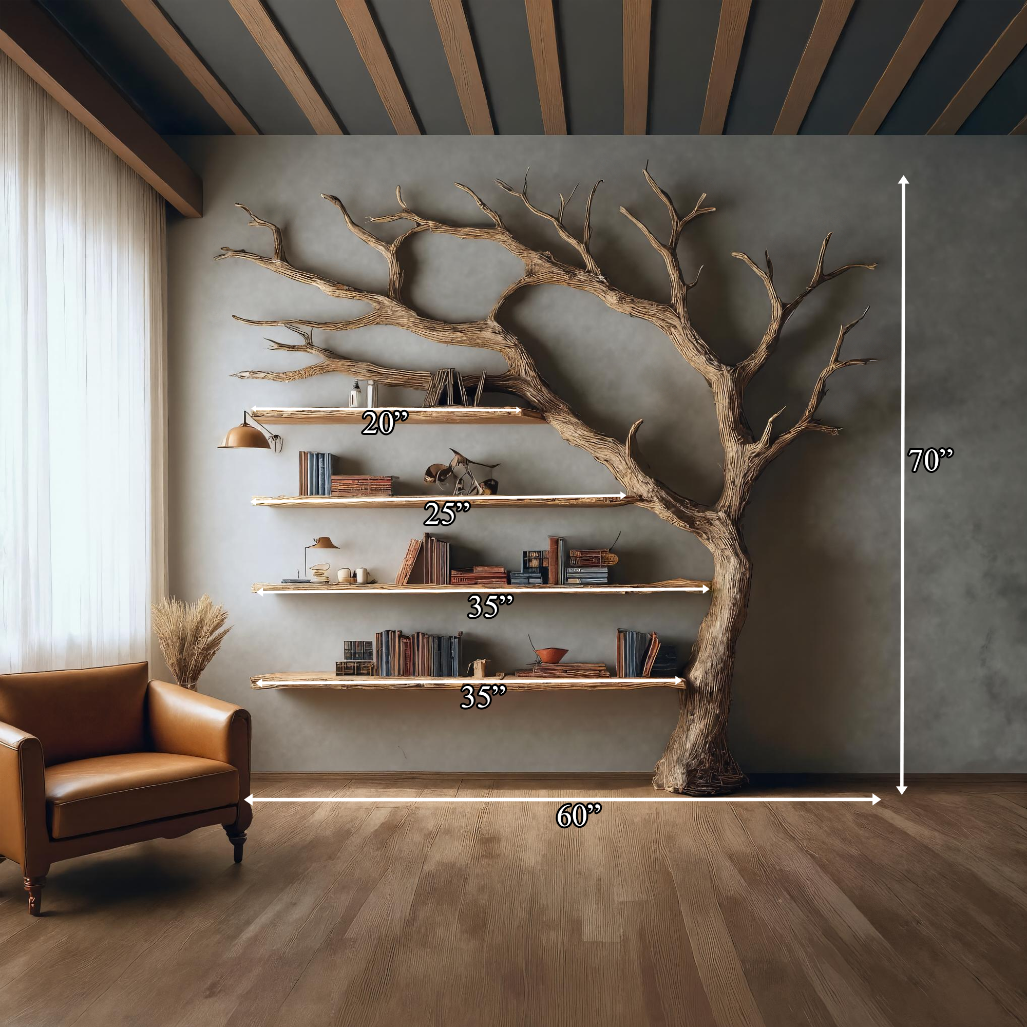 Rustic Wall Mounted Tree Shelf Living Room Decor SINLKITB324