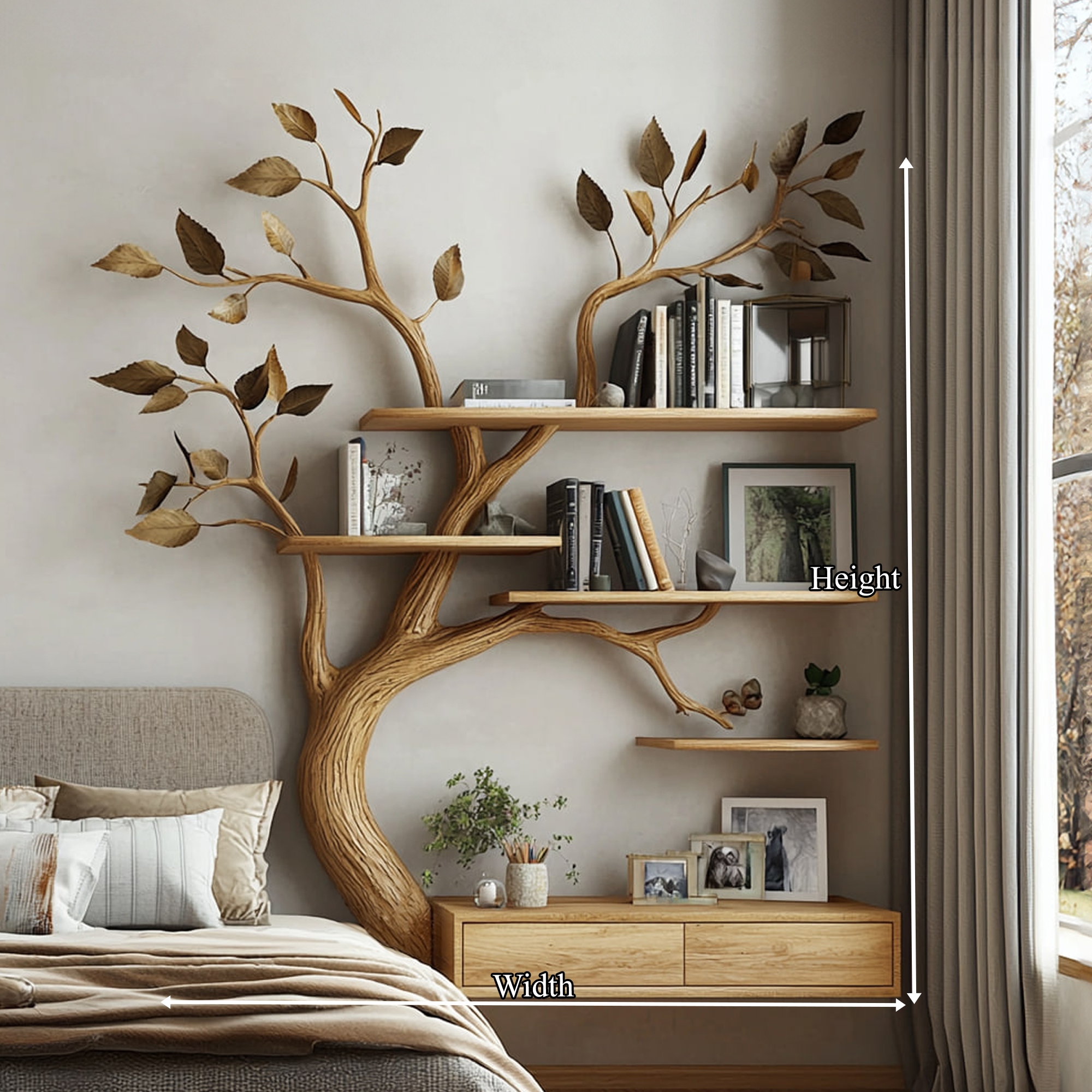 Rustic Tree Bookshelf Vanity With Cabinet Organic Bedroom Wall SINLKITBS072