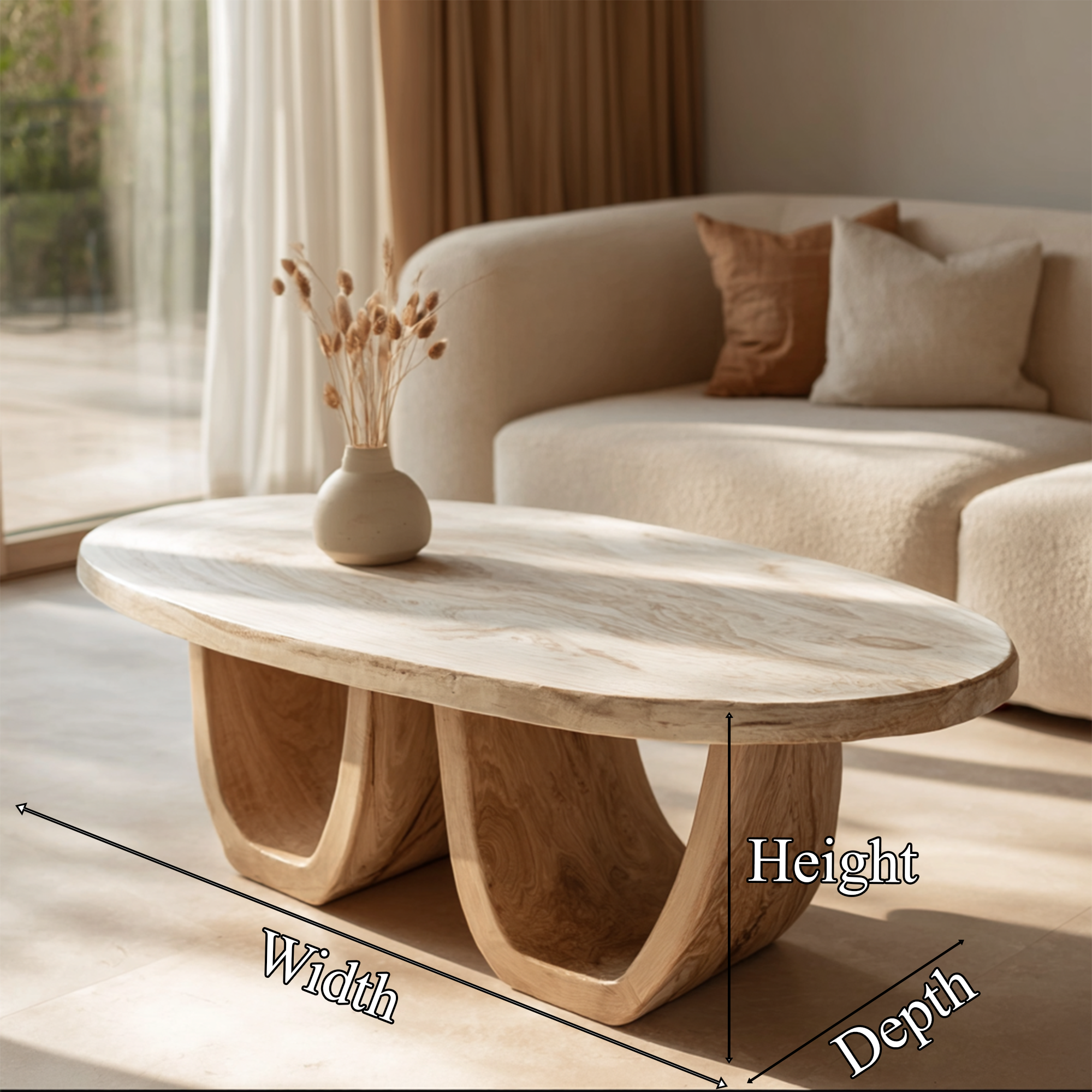 Elegant Oval Solid Wood Coffee Table Sculptural Twin Base Calm Modern Living Room Interior SINLKICF298