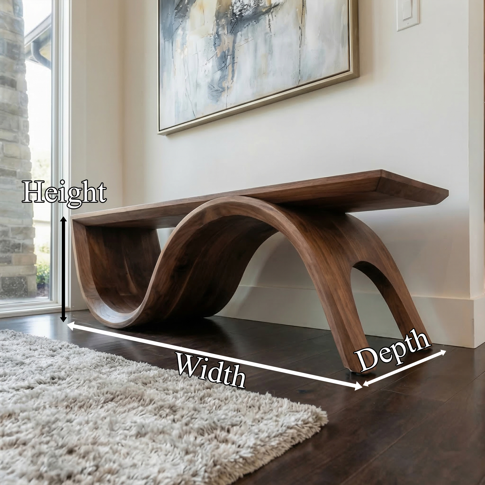 Mid Century Solid Wood Bench Sculptural Curved Base Entryway And Living Room SINLKIRS088