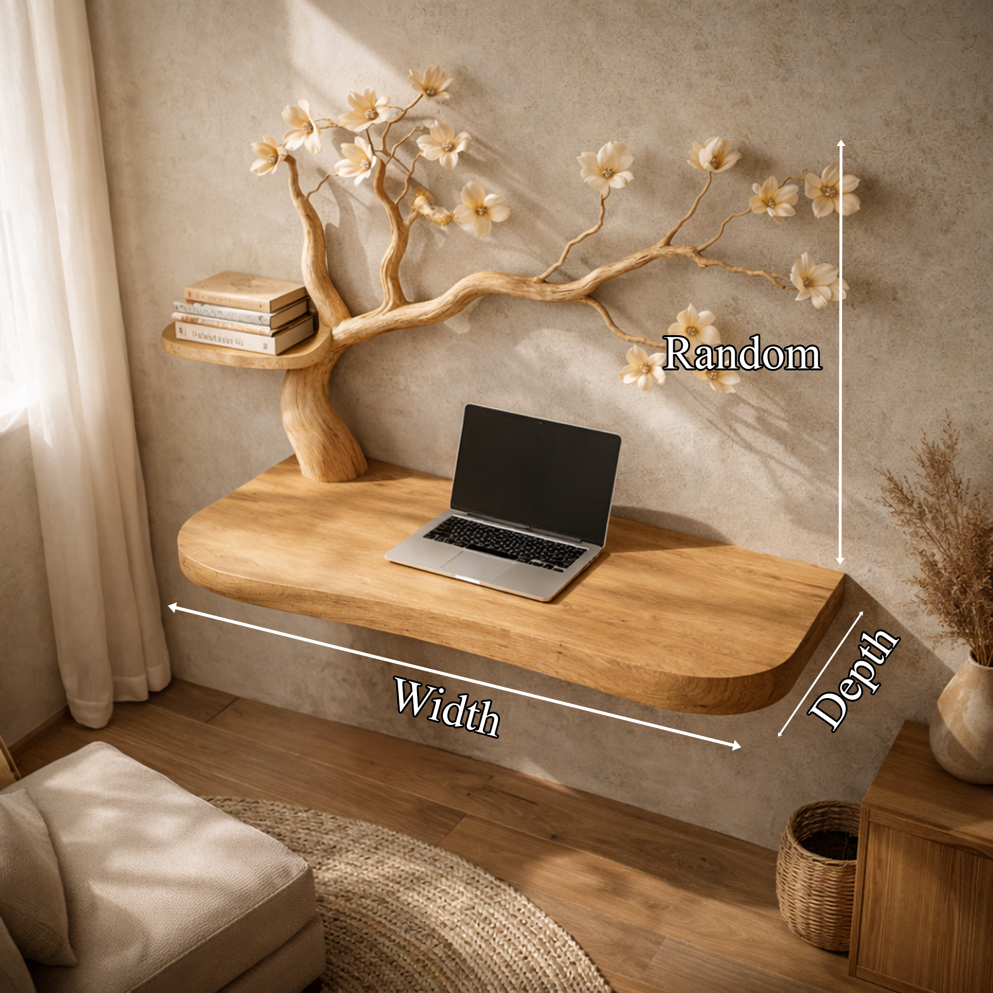 Organic Artistic Floating Desk With Floral Tree Sculpture For Home Office SINLKIDK089