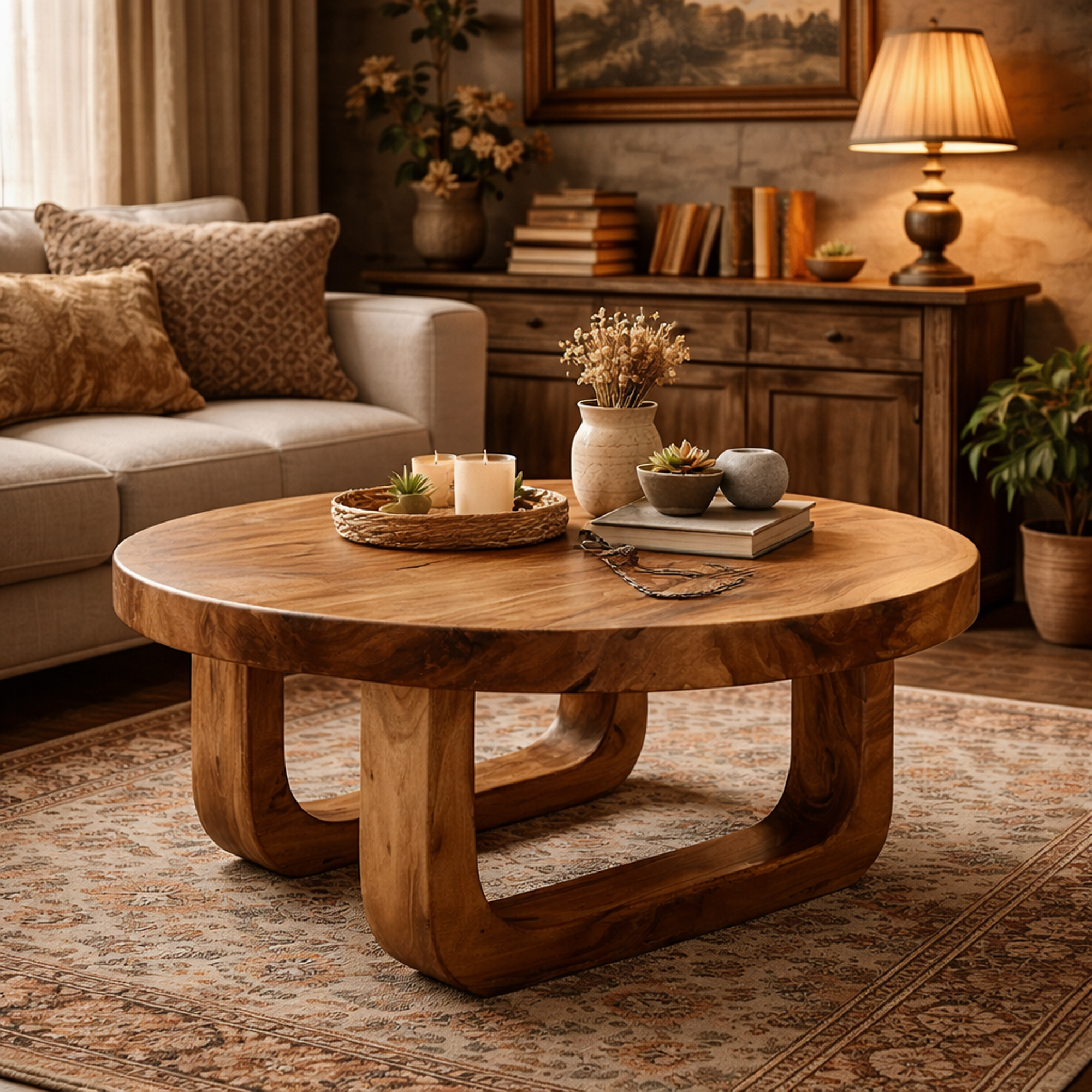Rounded Base Solid Wood Coffee Table Soft Modern Living Room Interior SINLKICF318
