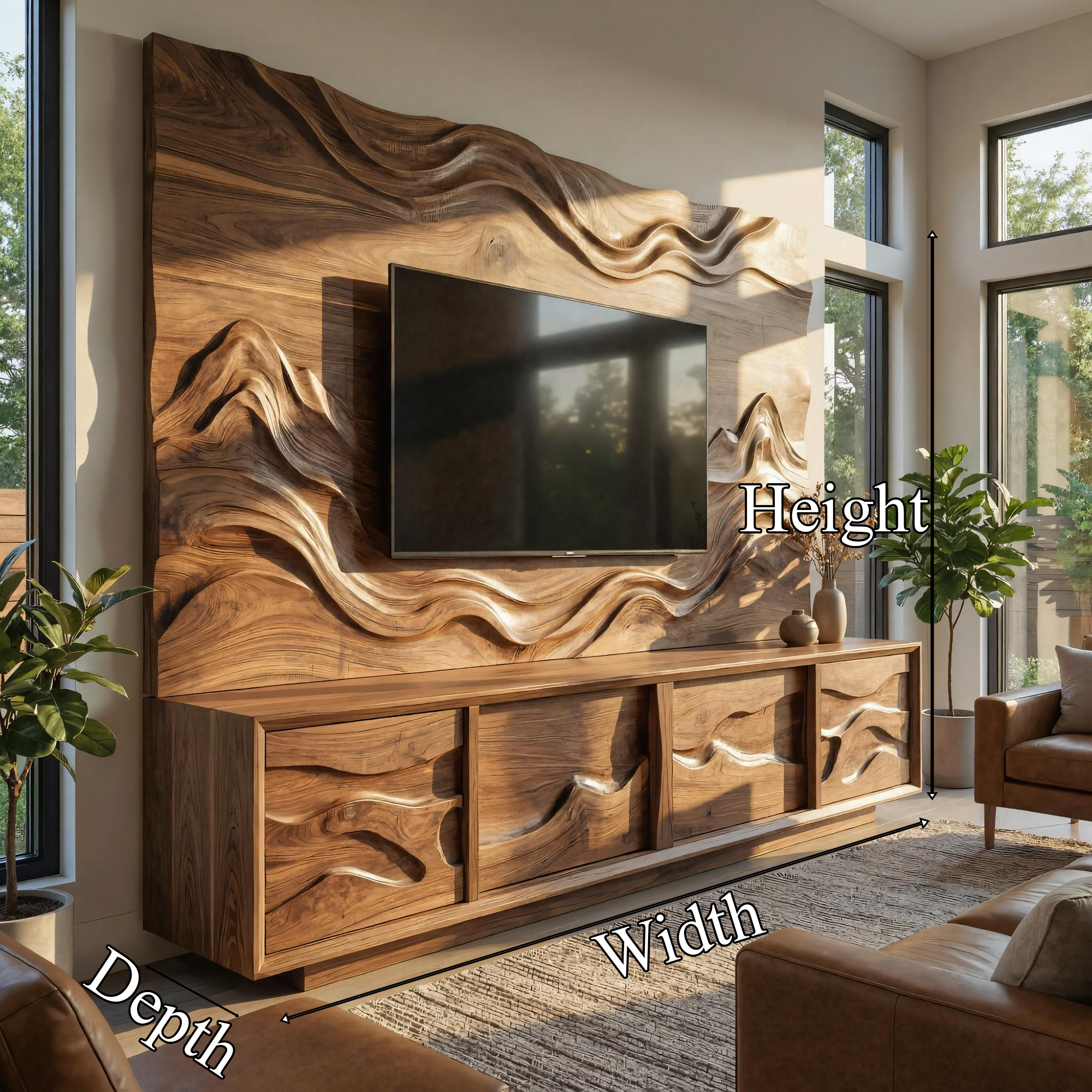 Modern Wood TV Cabinet With Sculptural Feature Wall Living Room SINLKISC498