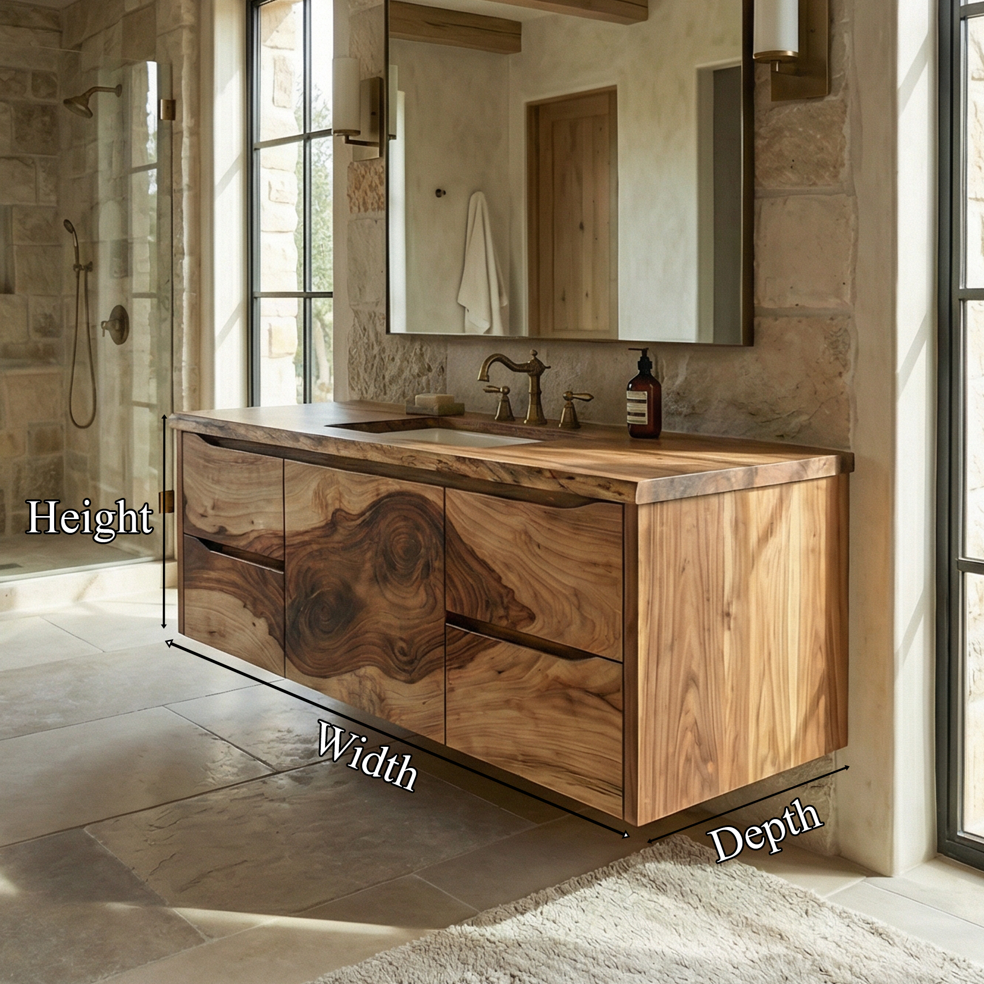 Modern Floating Solid Wood Bathroom Vanity Natural Slab Storage Cabinet SINLKIBRV271