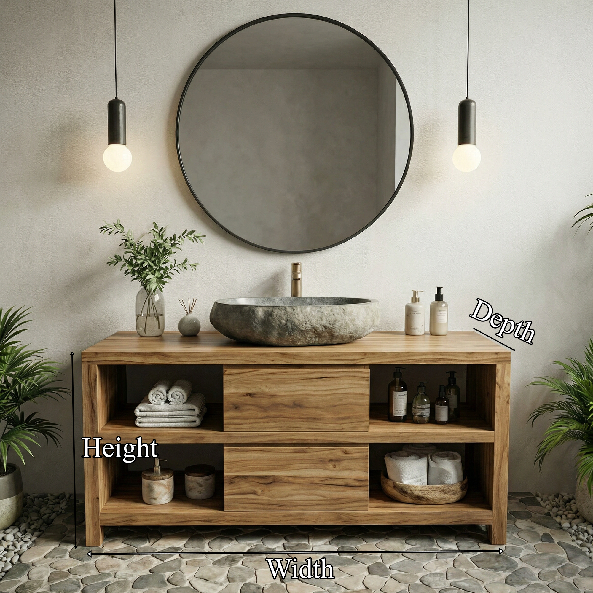 Modern Minimal Solid Wood Bathroom Vanity Open Shelf Storage Cabinet SINLKIBRV273
