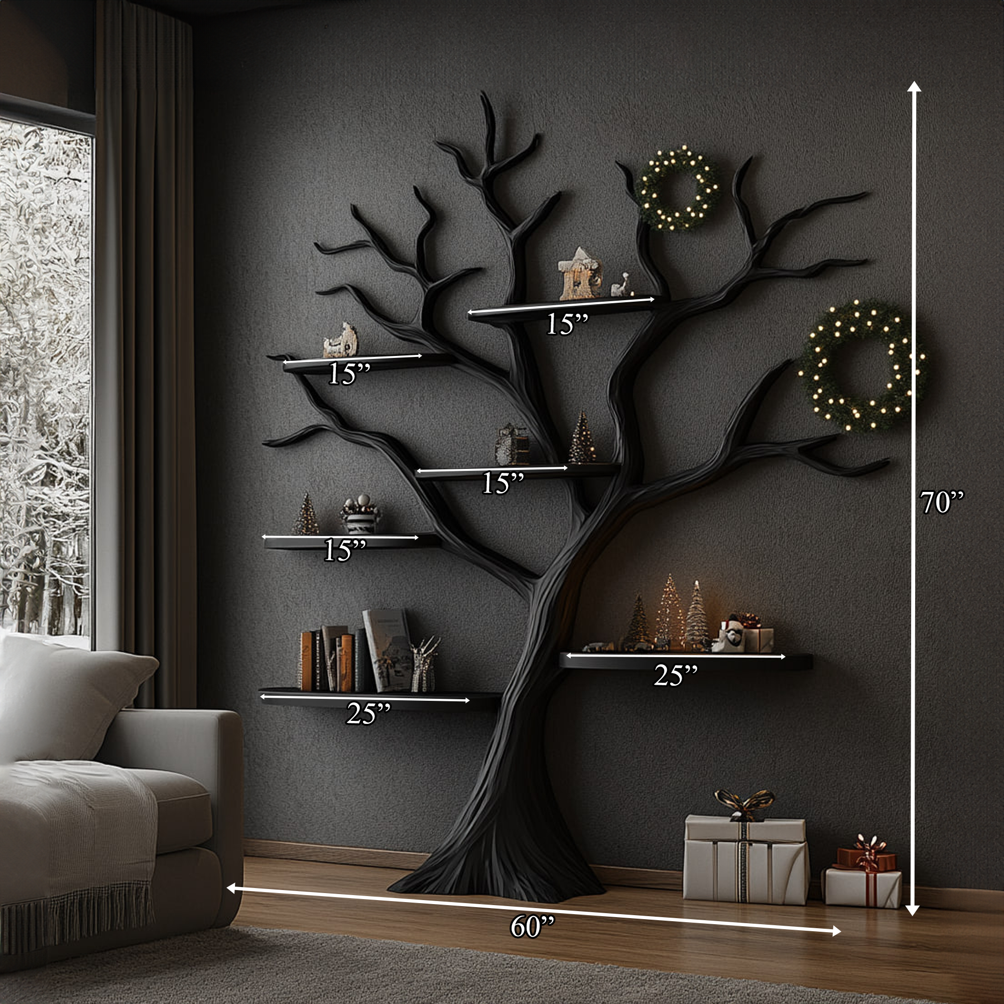 Rustic Dark Tree Bookshelf Home Office Seasonal Decor Organizer SINLKITB488