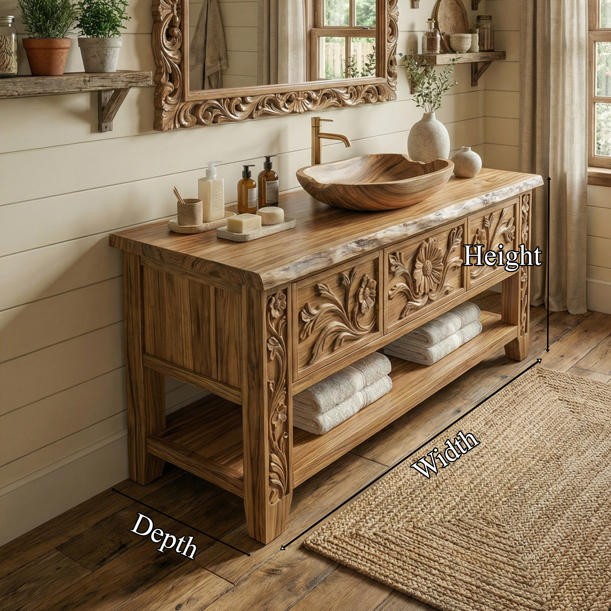 Rustic Hand Carved Solid Wood Bathroom Vanity Decorative Panel Cabinet SINLKIBRV275
