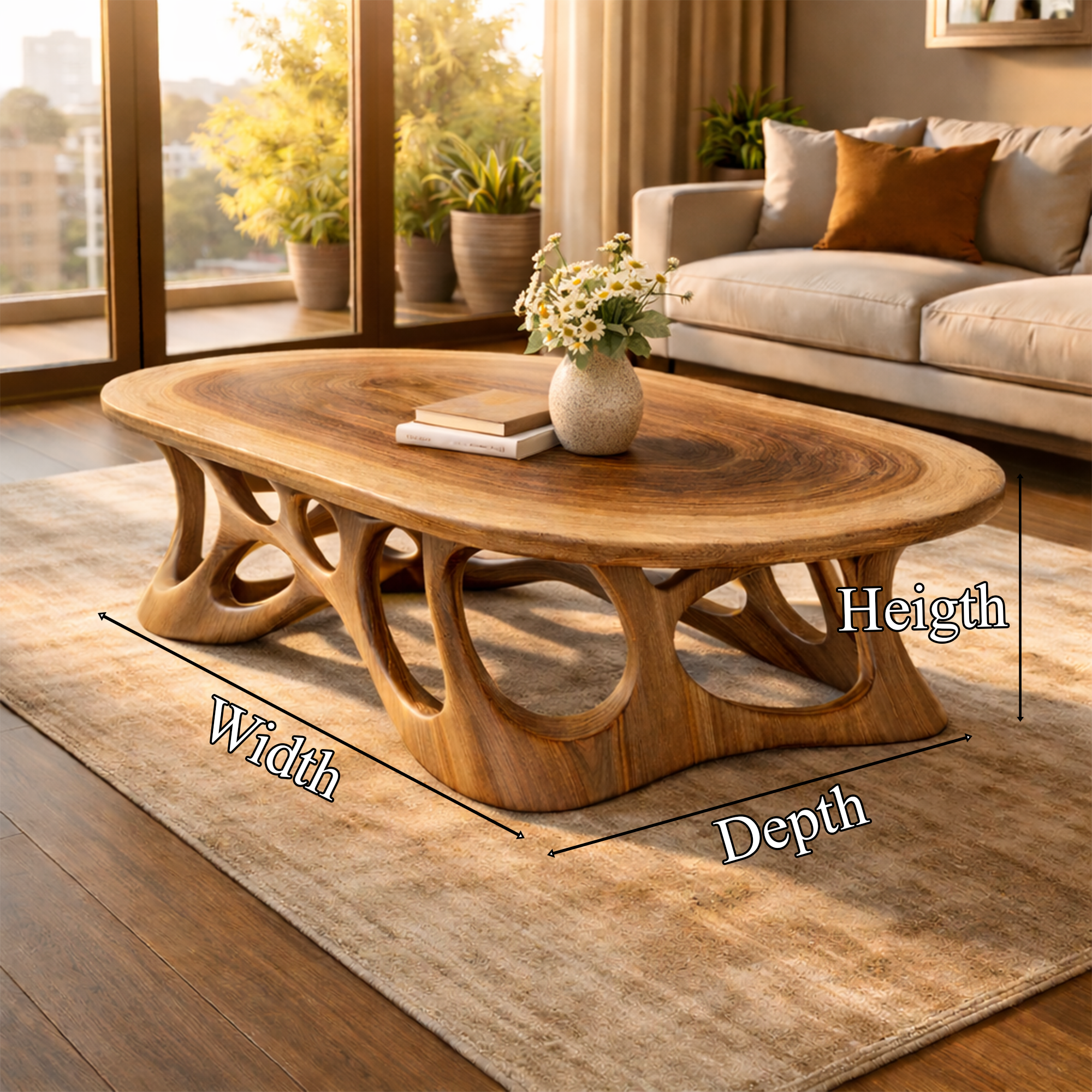Sculpted Oval Solid Wood Coffee Table Organic Flow Modern Living Room Interior SINLKICF306