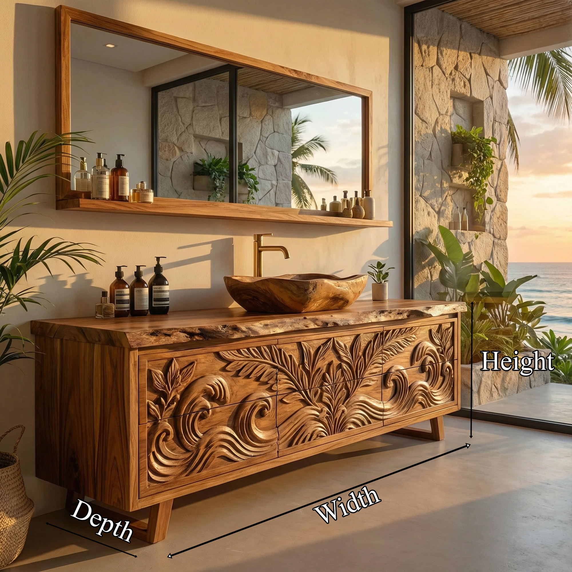 Luxury Tropical Hand Carved Solid Wood Bathroom Vanity Statement Cabinet SINLKIBRV276