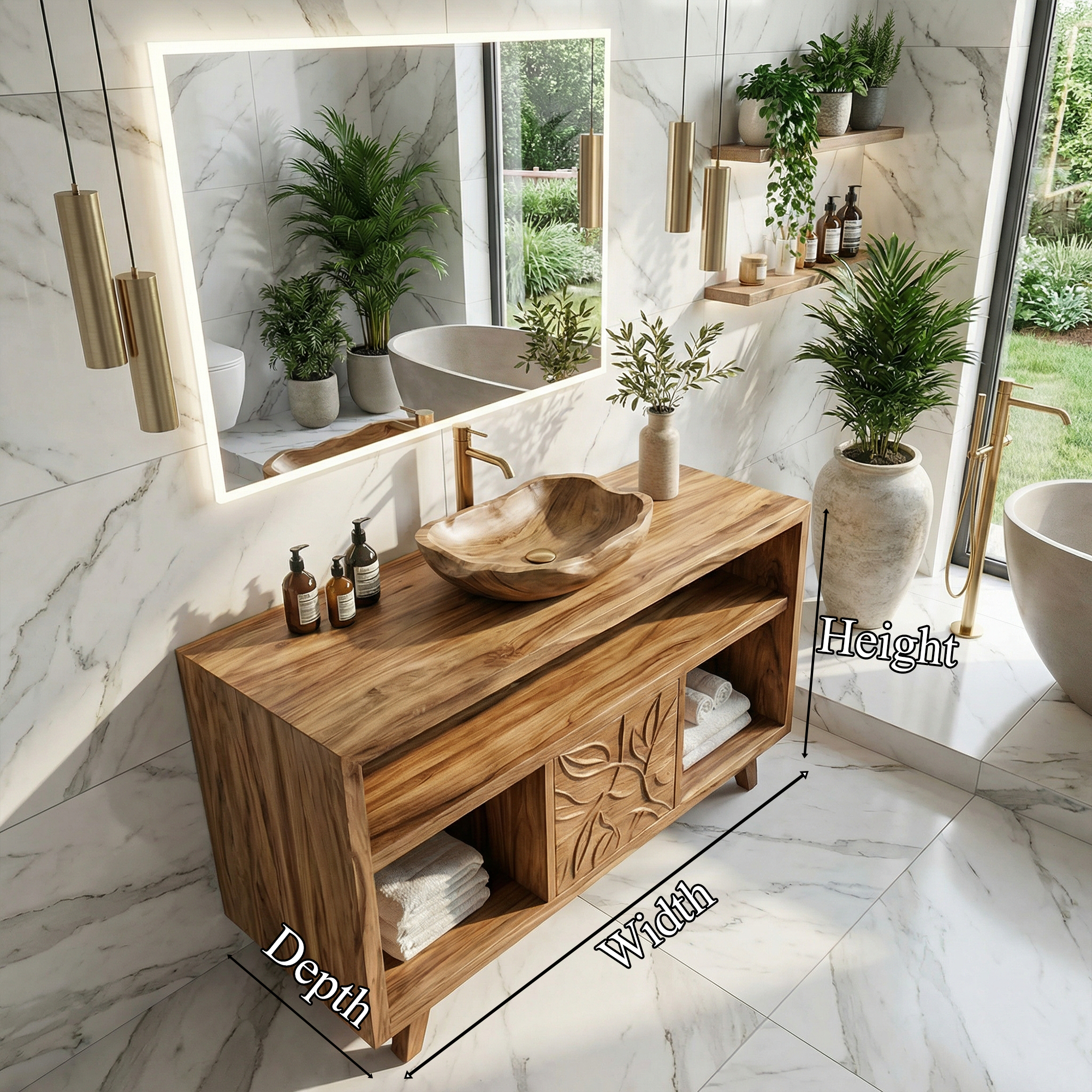 Contemporary Solid Wood Bathroom Vanity Open Niche Carved Door Cabine SINLKIBRV278