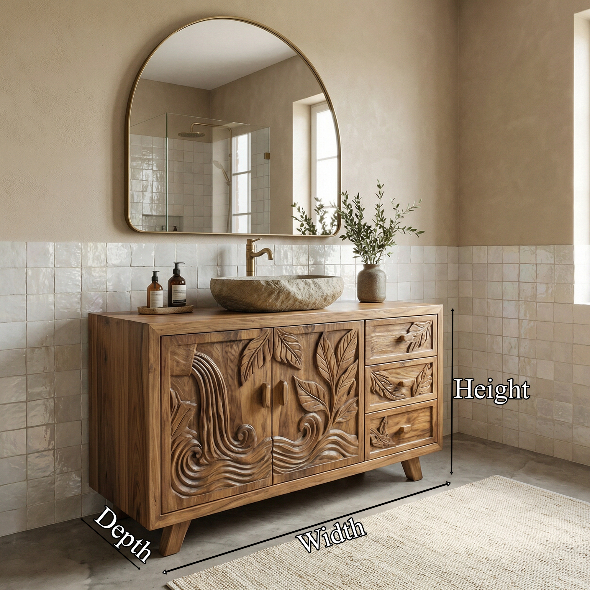 Bohemian Solid Wood Bathroom Vanity Leaf Carved Storage Cabinet SINLKIBRV280
