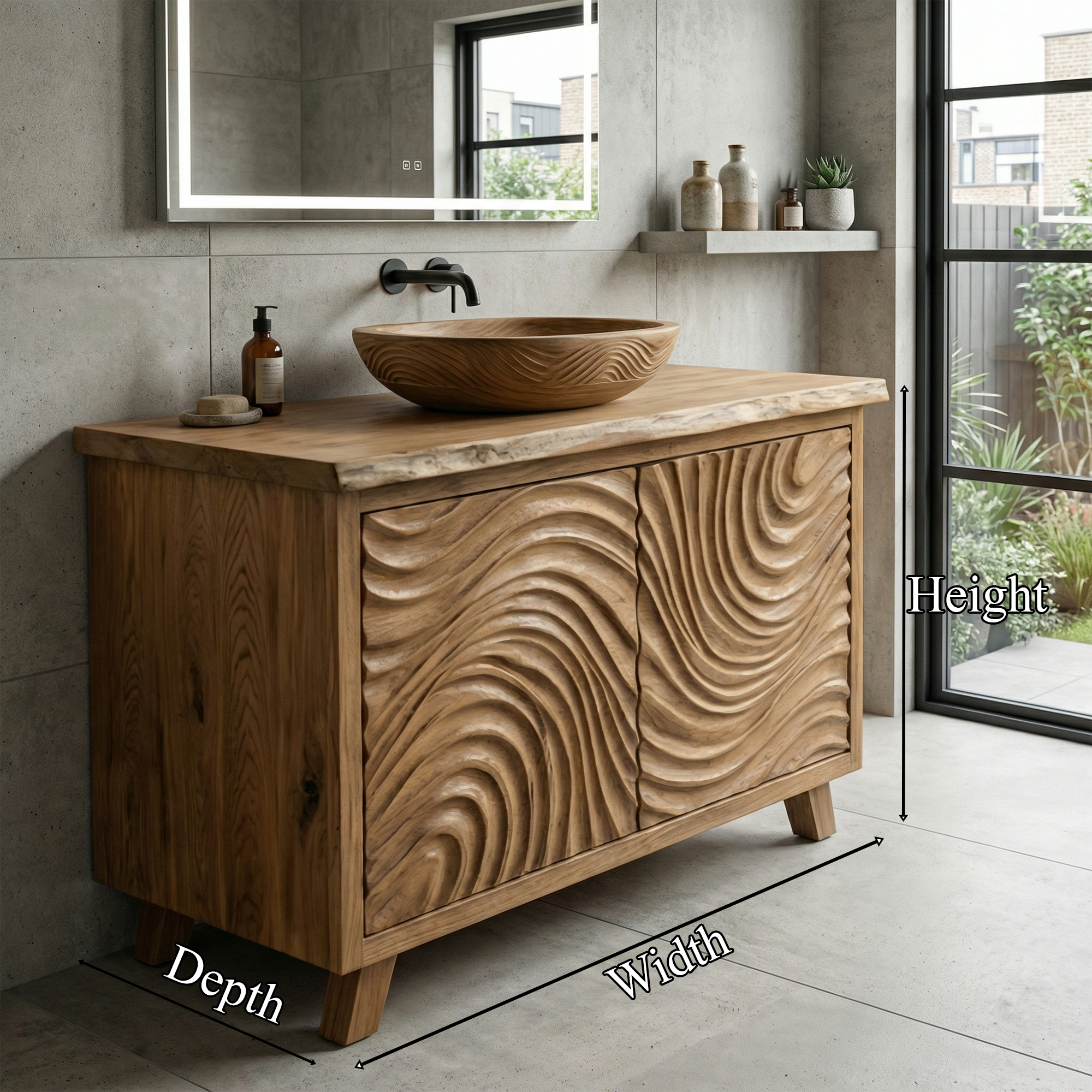 Modern Wave Carved Solid Wood Bathroom Vanity Freestanding Cabinet SINLKIBRV282
