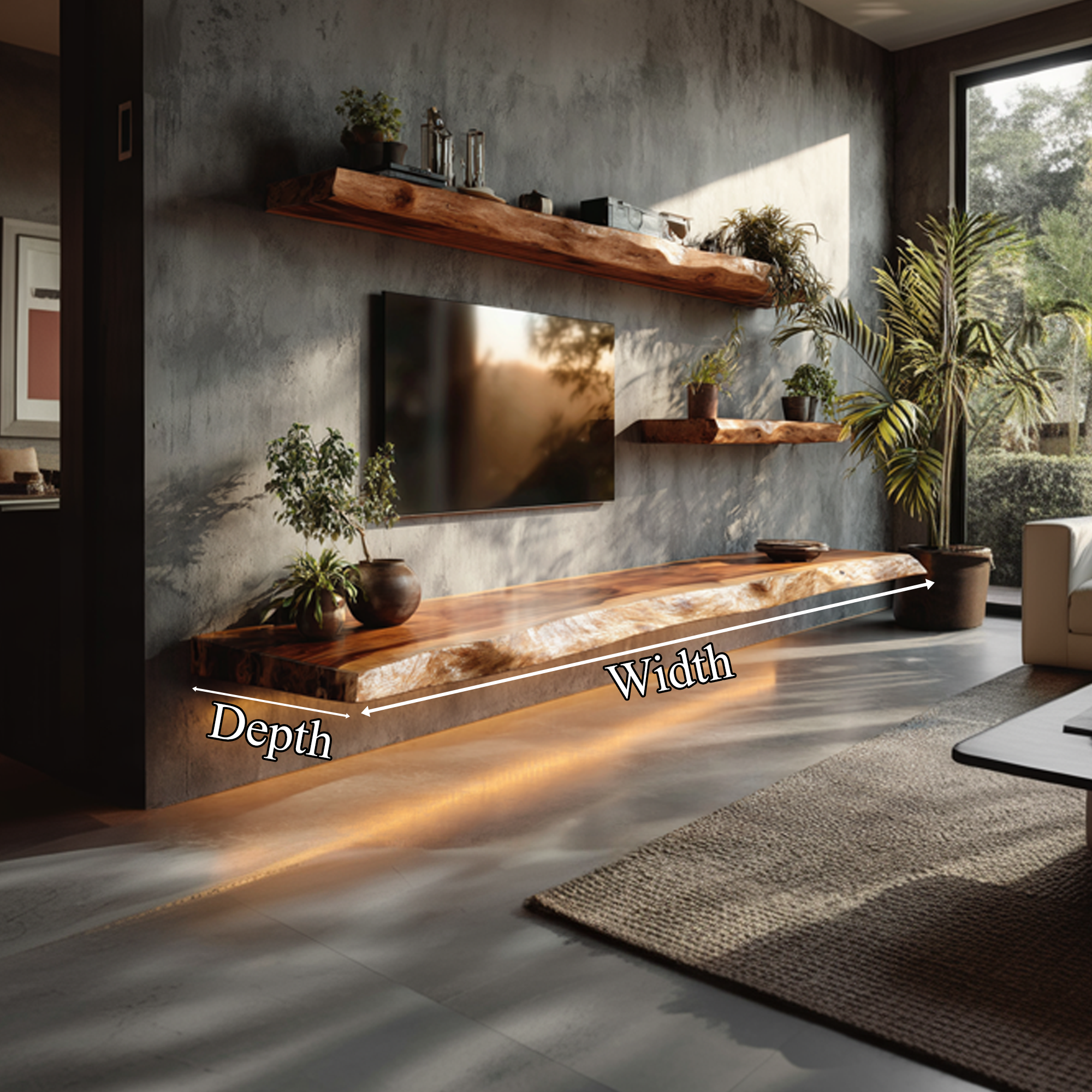 Rustic Live Edge Floating Media Shelf Solid Wood Living Room Interior Wall Mounted SINLKIFL408