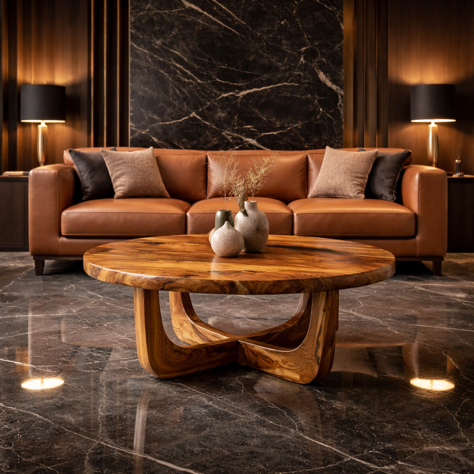 Sculpted Ring Base Solid Wood Coffee Table Warm Contemporary Living Room Interior SINLKICF321