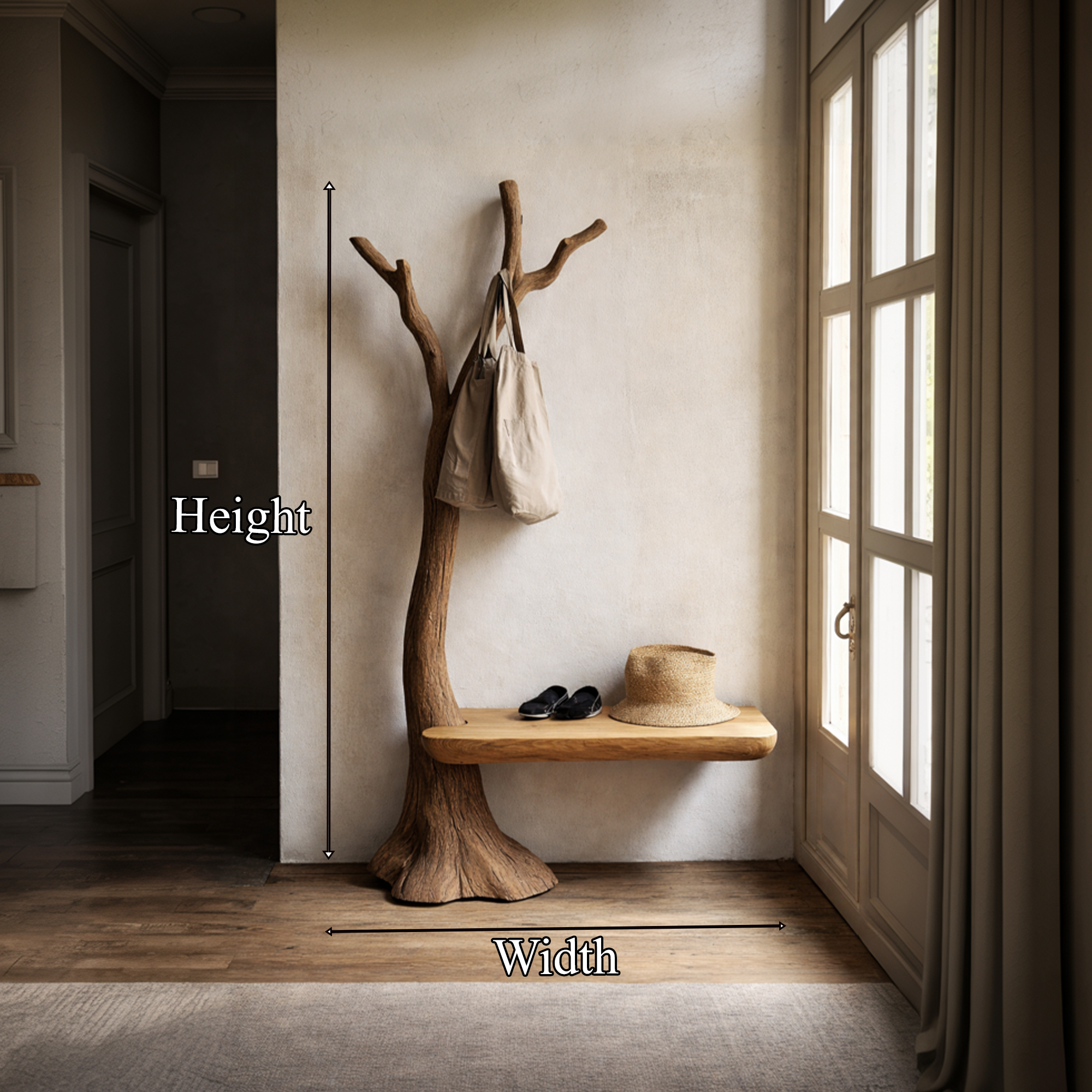 Sculptural Tree Coat Rack Bench Solid Wood Entryway Interior Minimal Storage SINLKITCR095