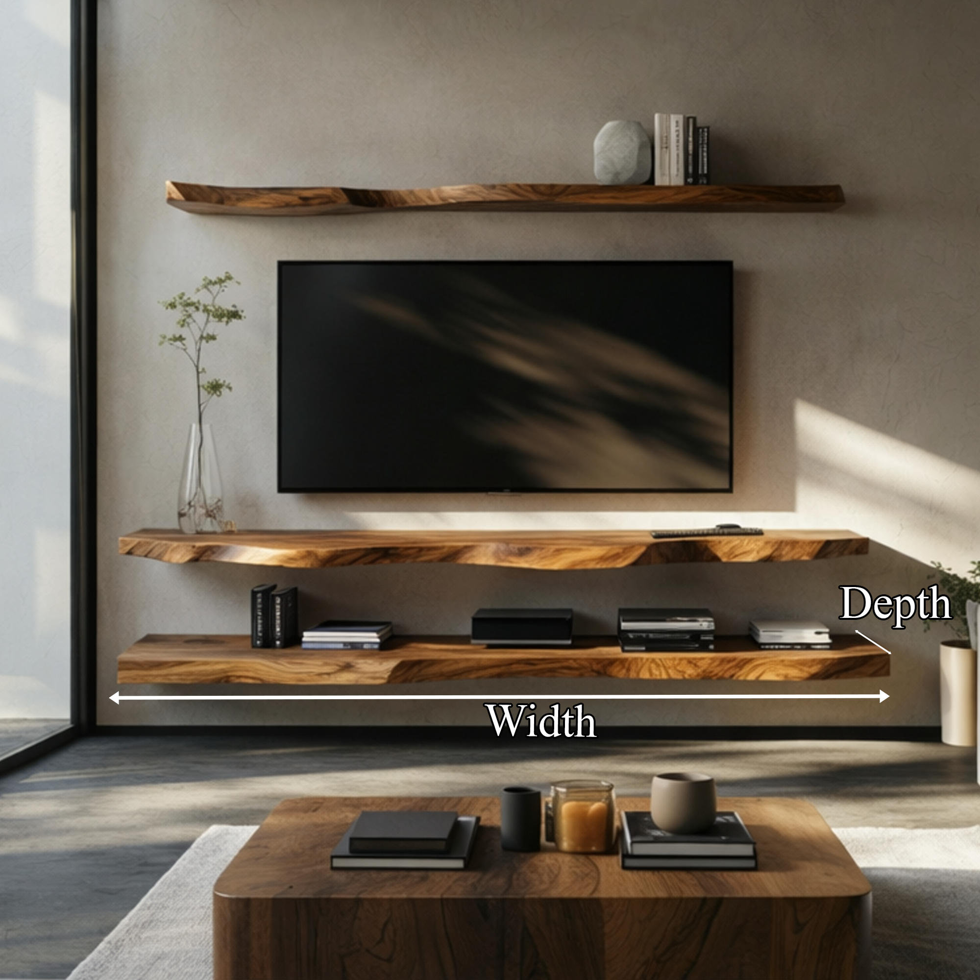 Rustic Live Edge Floating Media Shelf Solid Wood Living Room Interior Wall Mounted SINLKIFL426