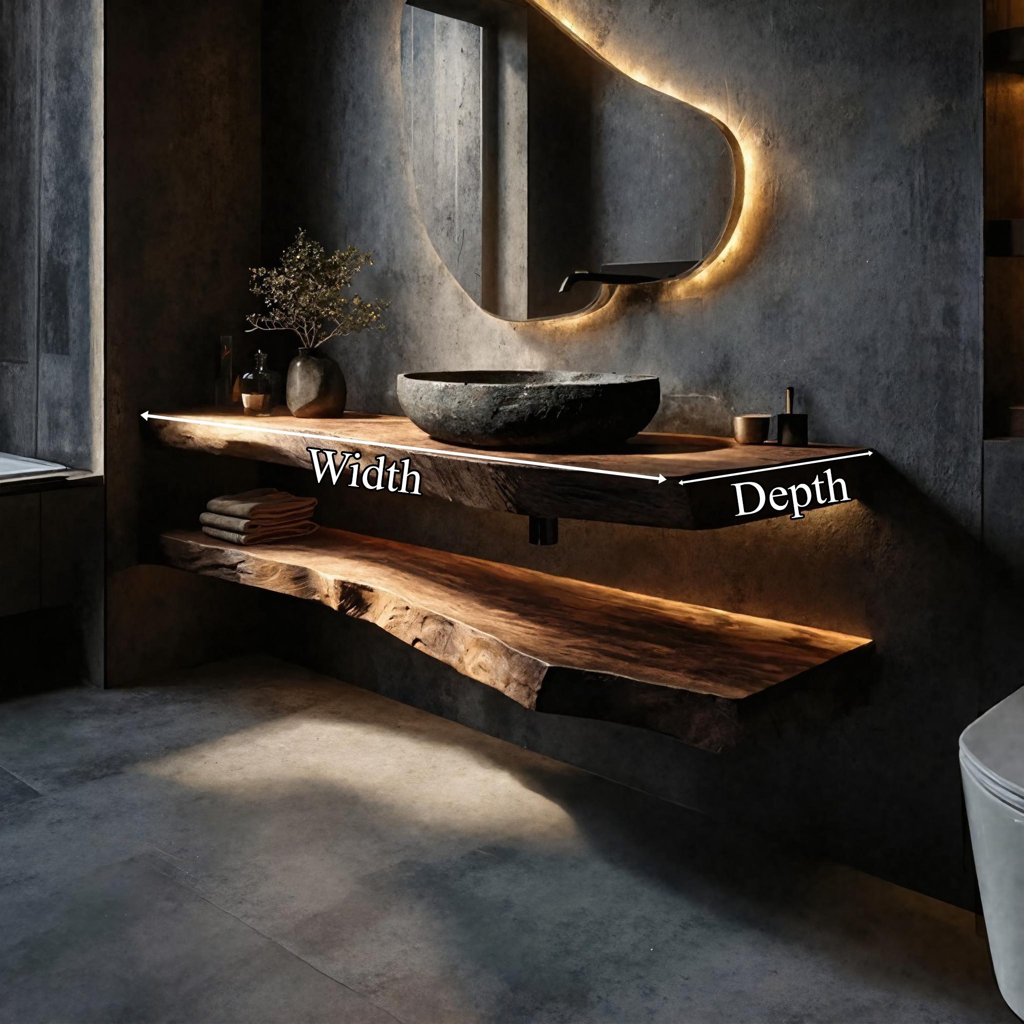 Rustic Bathroom Vanity Floating Live Edge Counter Shelf SINLKIBRV248