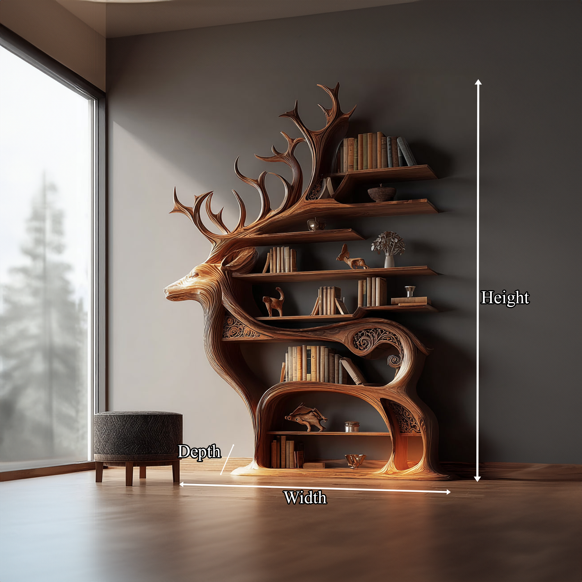 Rustic Wooden Bookshelf Console Deer Design Living Room SINLKISC099