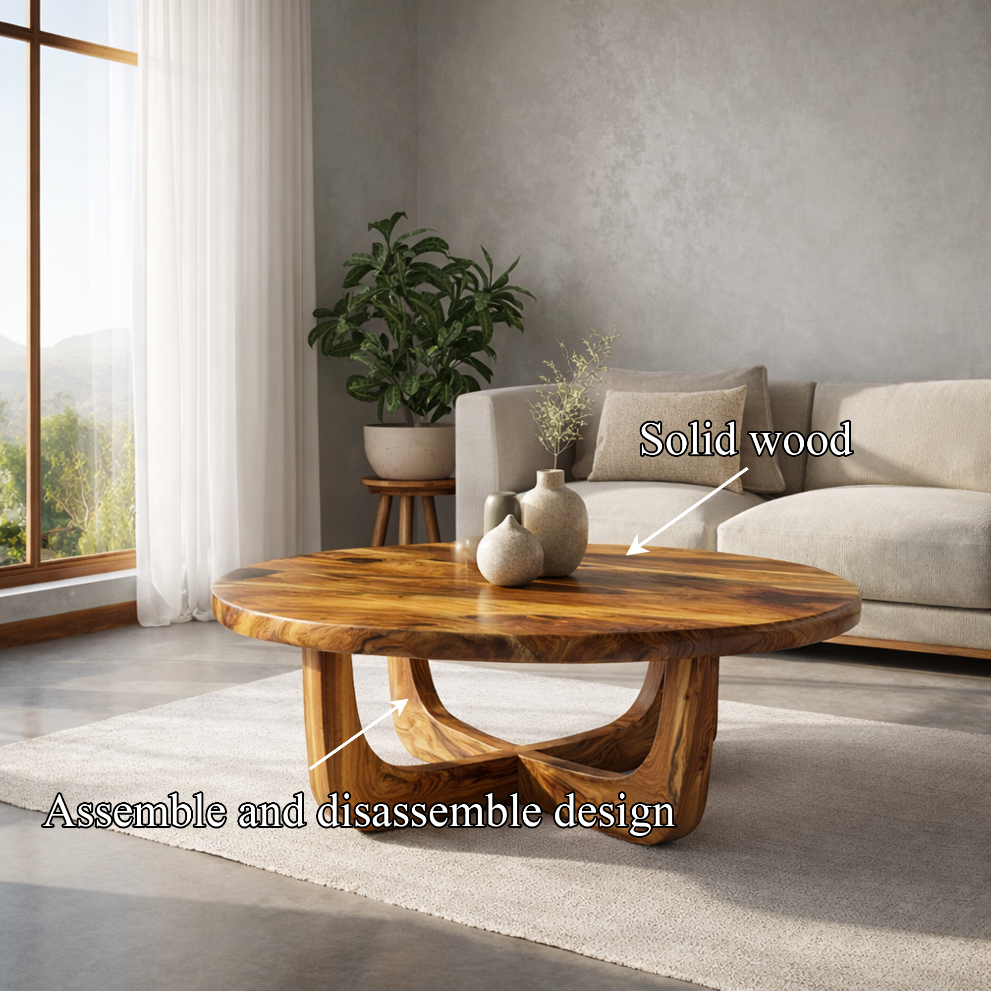 Sculpted Ring Base Solid Wood Coffee Table Warm Contemporary Living Room Interior SINLKICF321