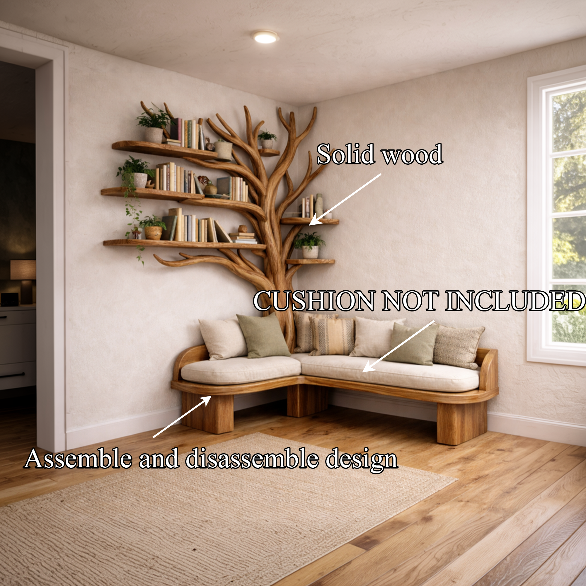 Rustic Sculptural Tree Bookshelf Corner Bench Living Room Interior Integrated Seating SINLKITB654