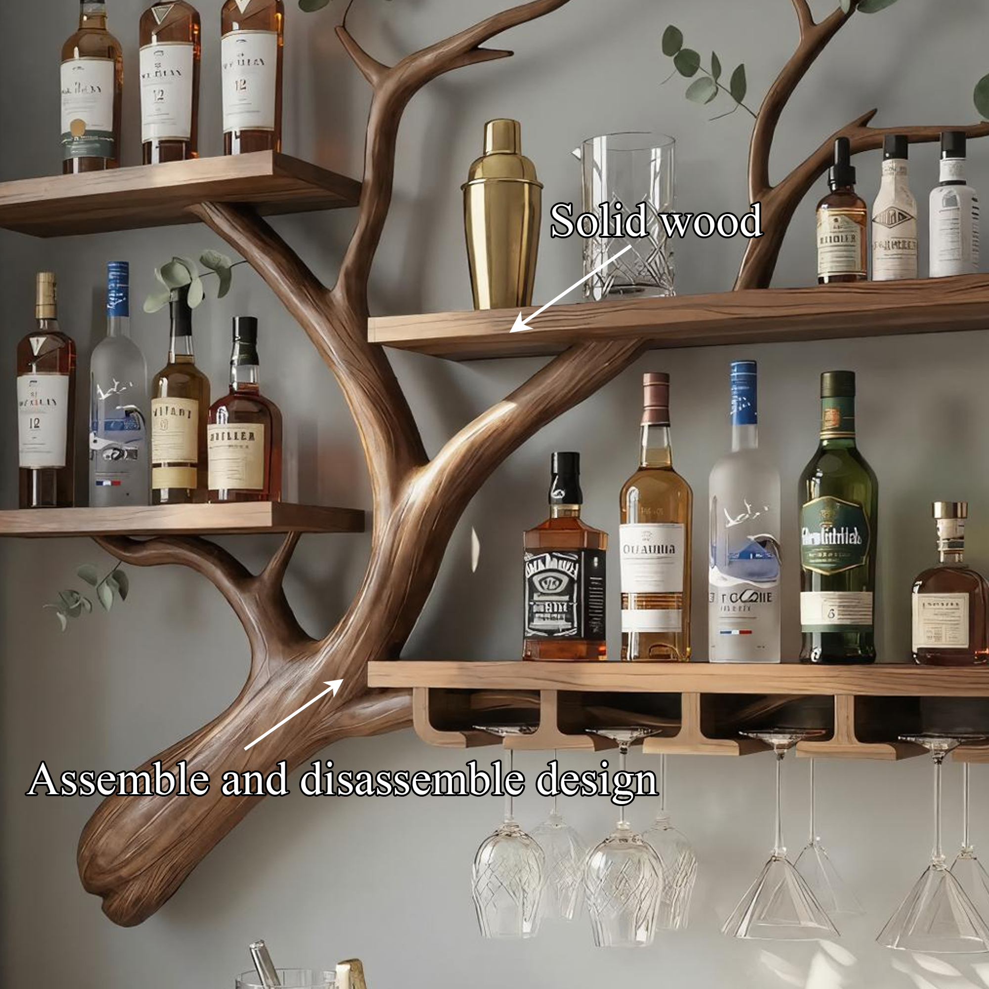 Rustic Tree Branch Wine Rack Wooden Wall Mounted Shelf For Kitchen Dining Room Home Bar SINLKIWR017