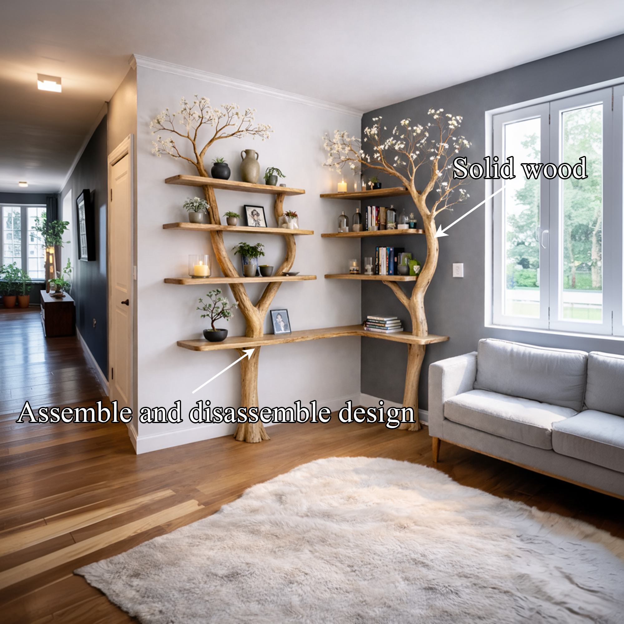 Nature Inspired Tree Display Bookcase Solid Wood Living Room Interior Wall Feature SINLKITB640