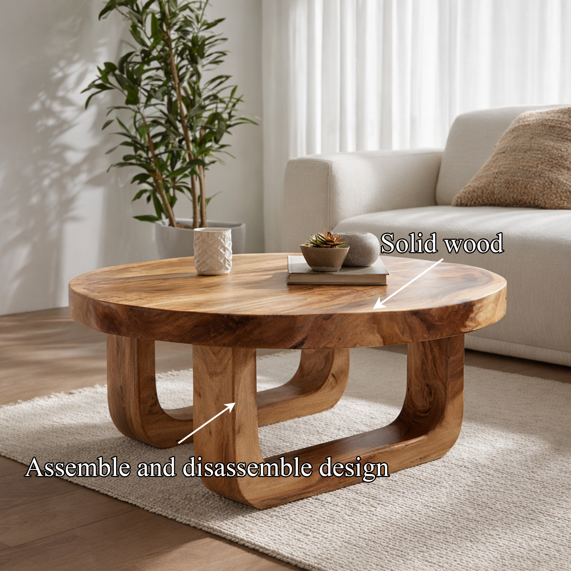 Rounded Base Solid Wood Coffee Table Soft Modern Living Room Interior SINLKICF318