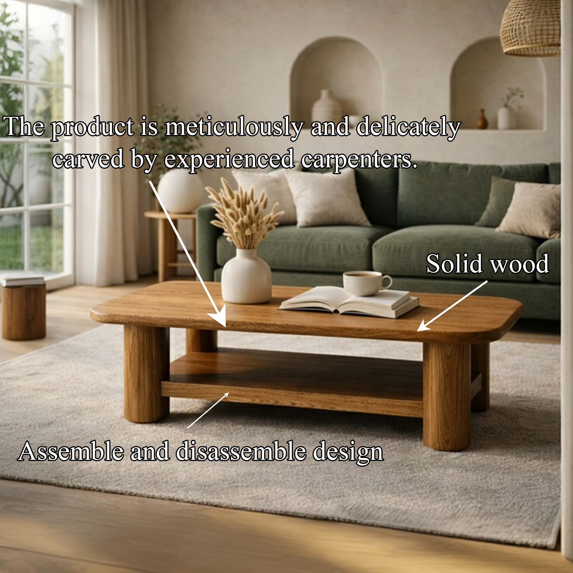 Natural Oak Style Solid Wood Coffee Table Cozy Living Room Interior SINLKICF284