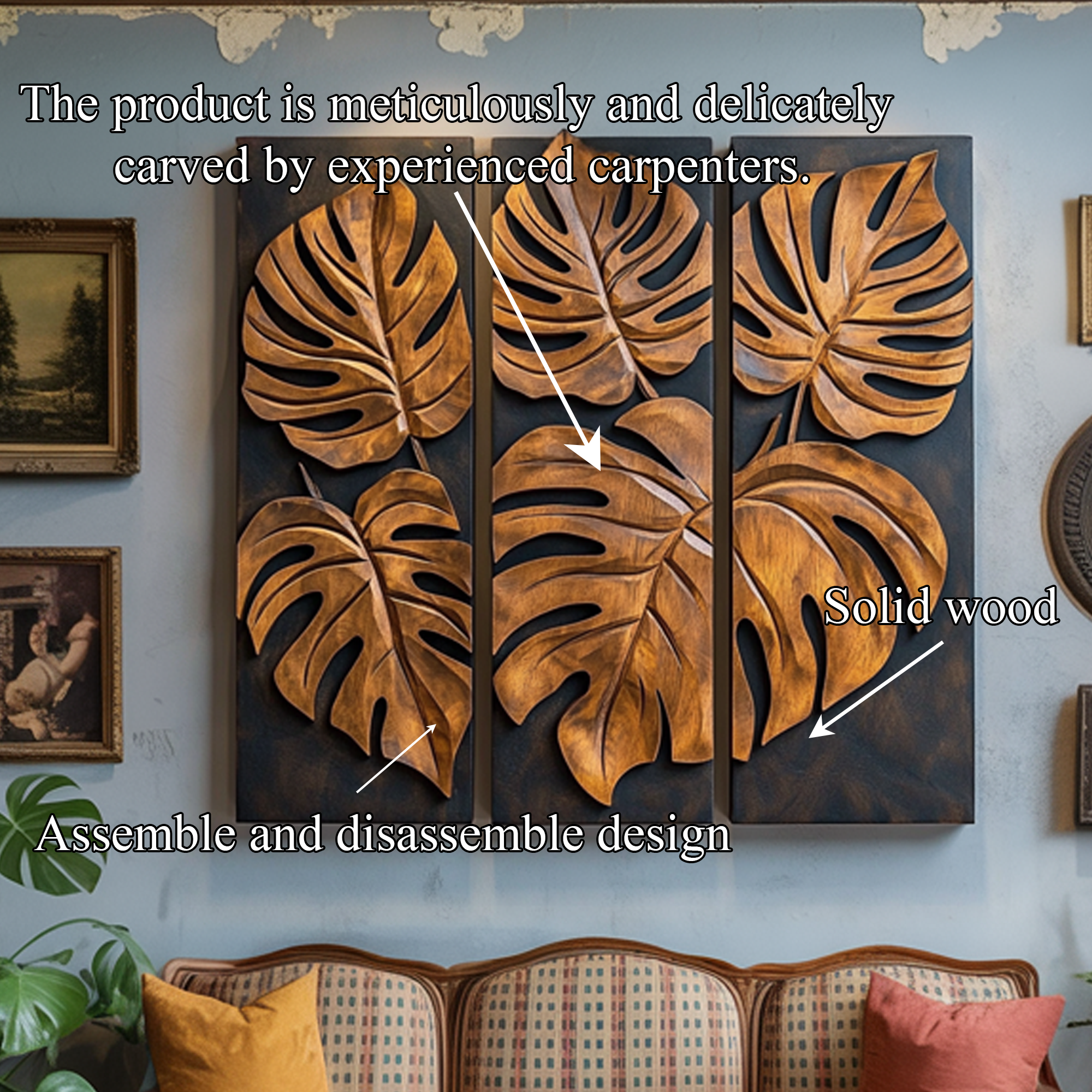 Carved Monstera Leaf Solid Wood Wall Art Triptych Statement Decor SINLKIWD023