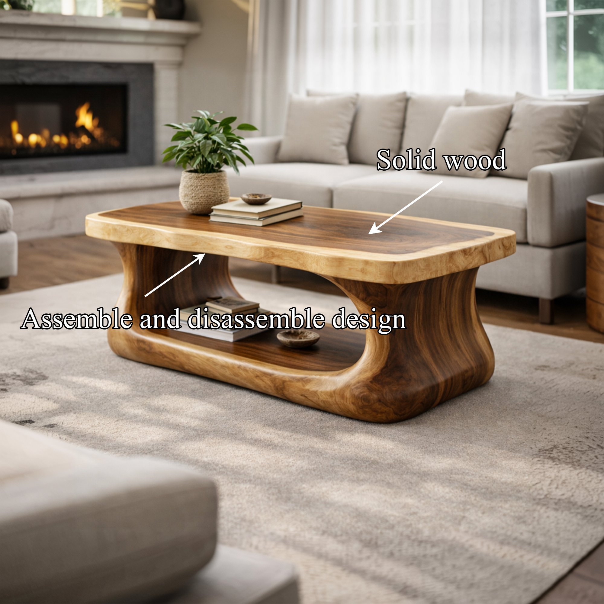 Flow Form Solid Wood Coffee Table Sculpted Base Contemporary Living Room Interior SINLKICF290