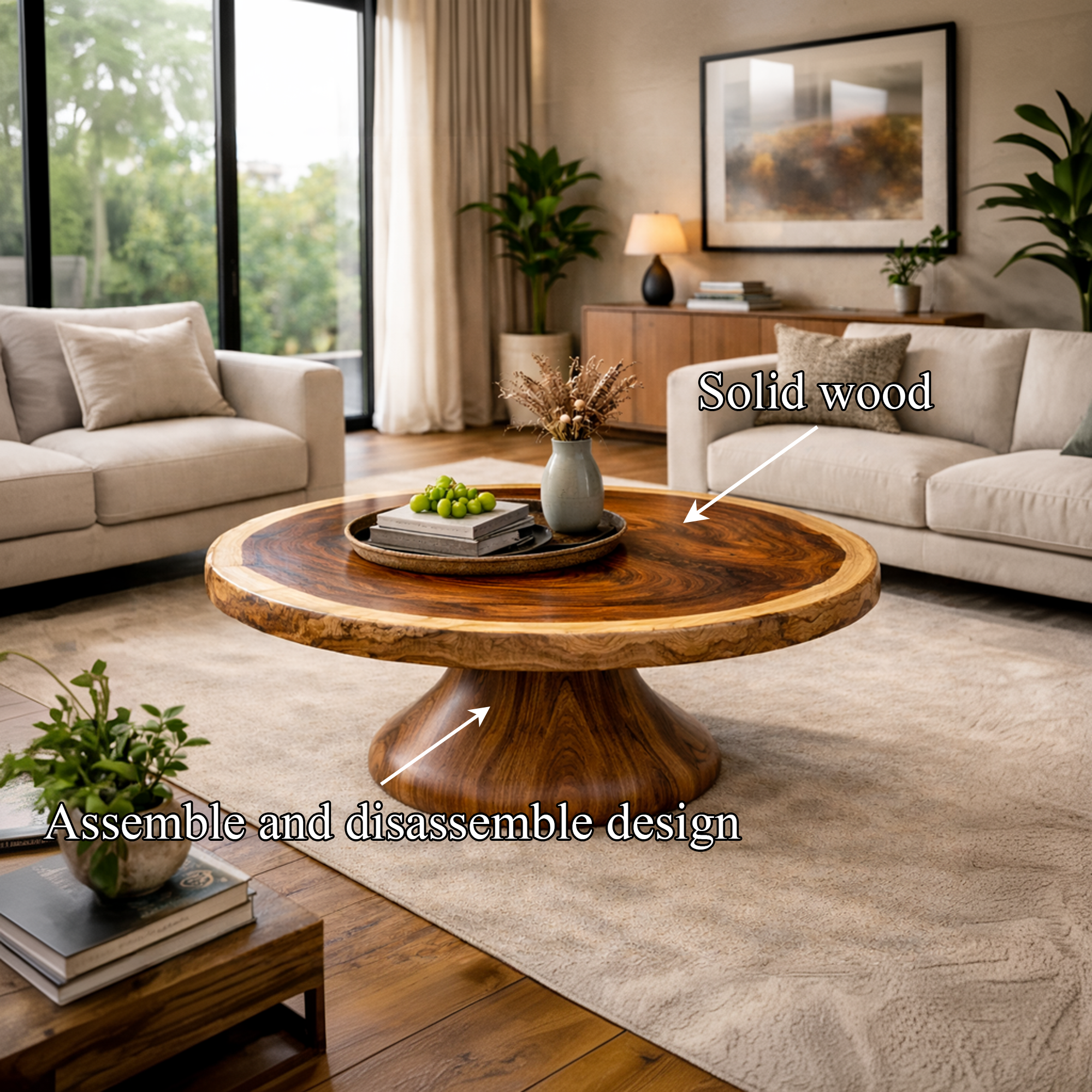 Monumental Pedestal Solid Wood Coffee Table Sculptural Focal Point Sophisticated Living Room Interior SINLKICF291