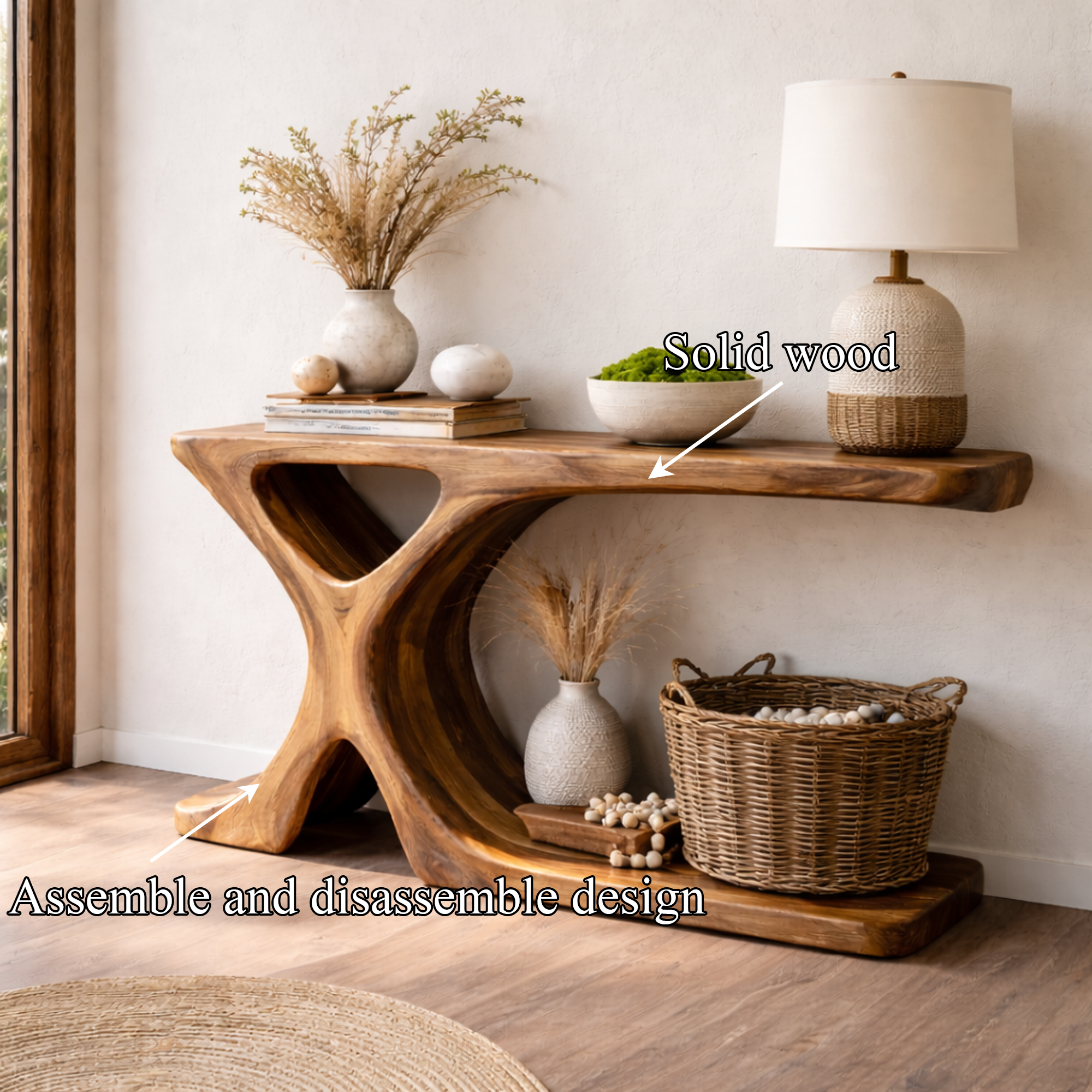 Handcrafted Organic Wood Console Table Tree Form Base For Hallway Decor SINLKICS456