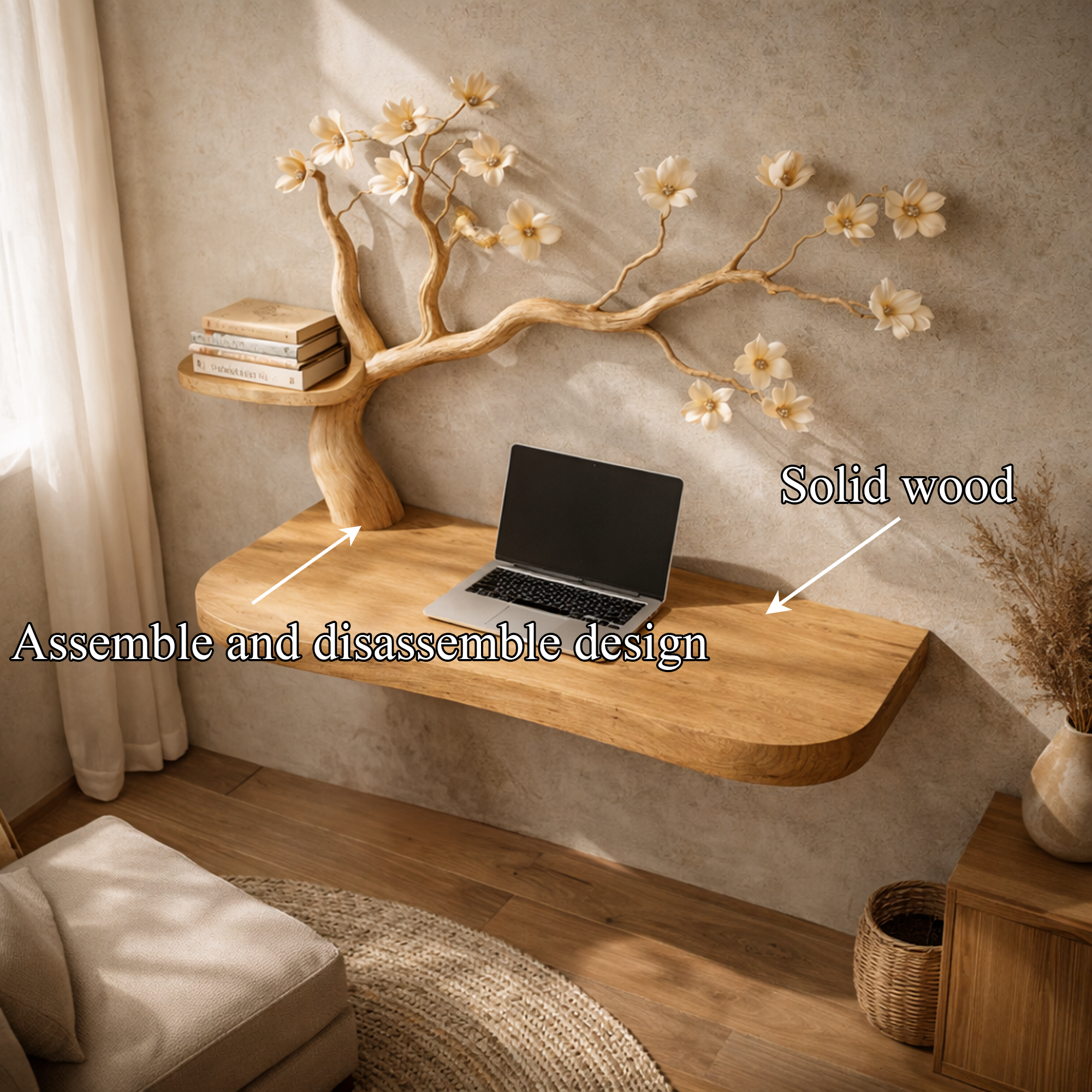Organic Artistic Floating Desk With Floral Tree Sculpture For Home Office SINLKIDK089