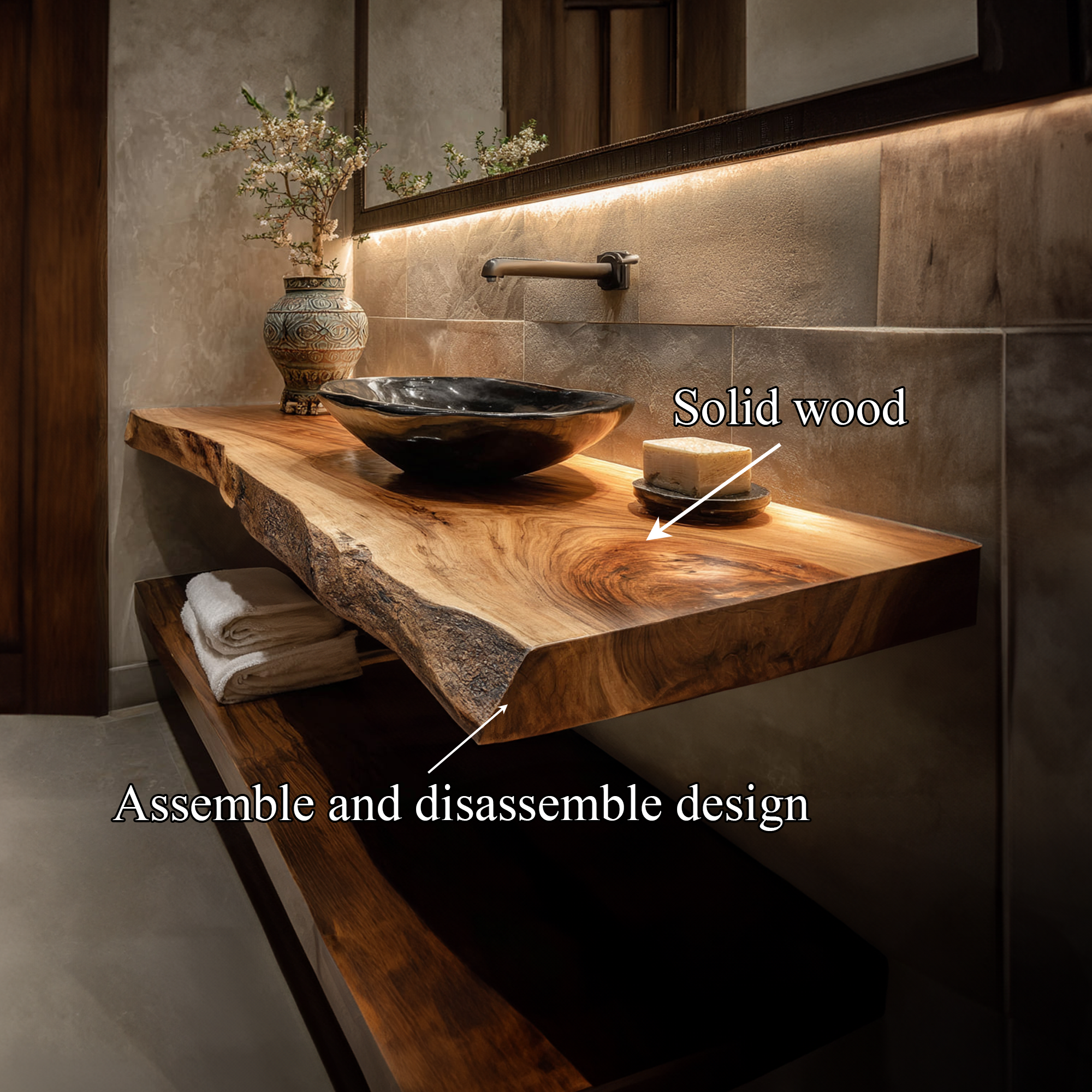 Mid Century Bathroom Vanity Shelf Curved Edge Wood Bathroom Look SINLKIBRV232