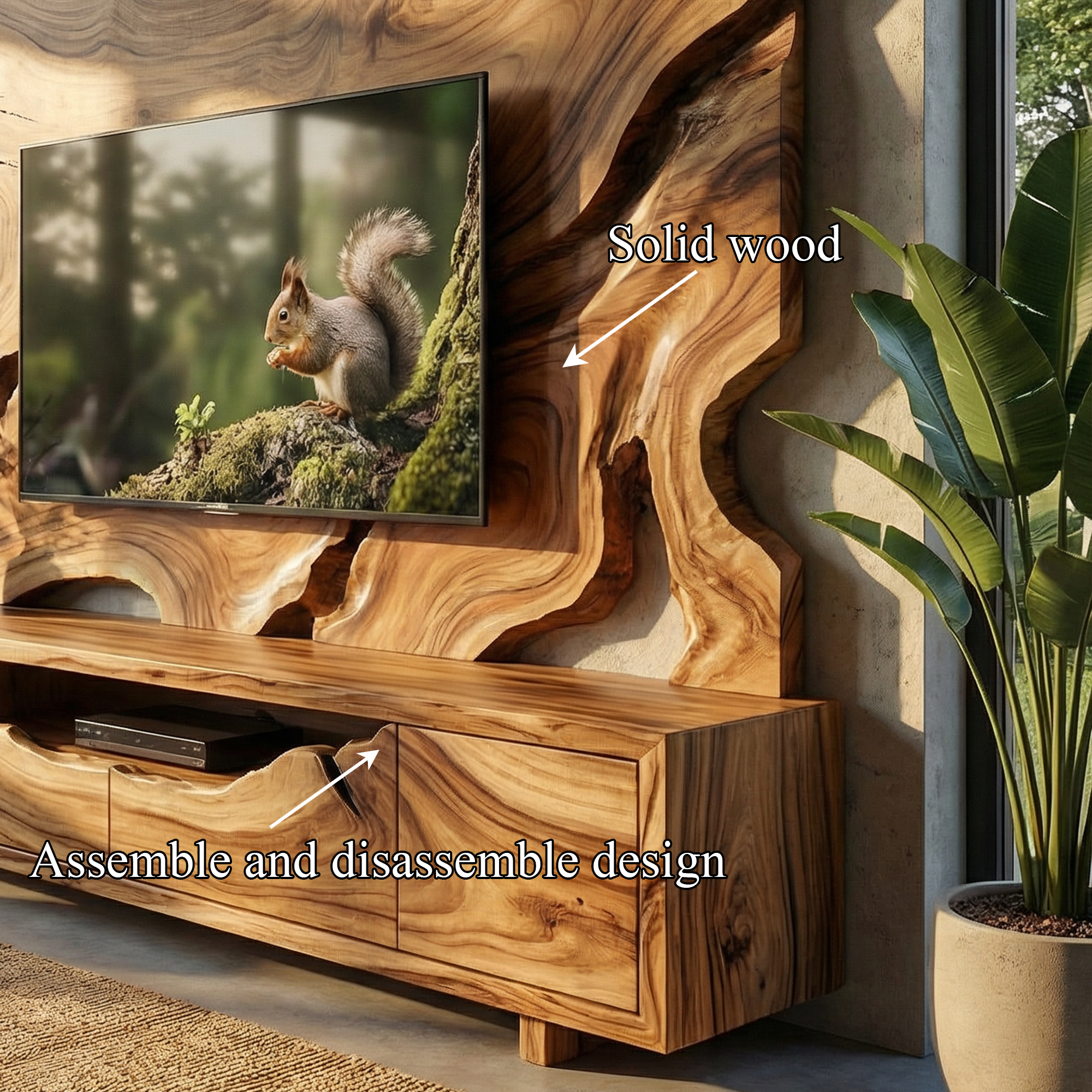 Organic Wood TV Cabinet With Decorative Wall Panel Living Room SINLKISC497