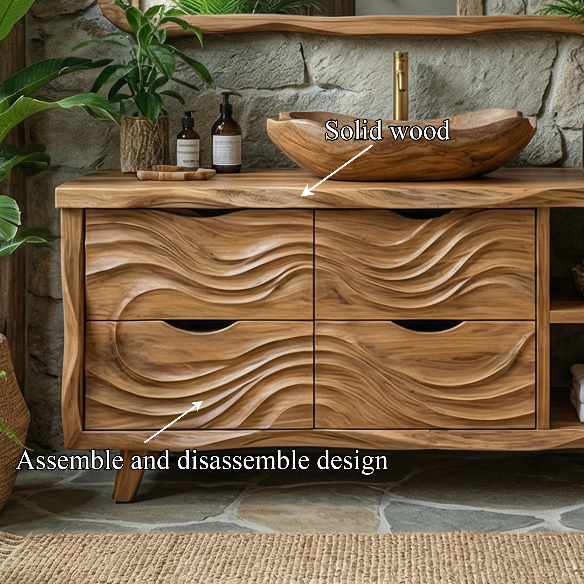 Organic Rustic Solid Wood Bathroom Vanity Wave Carved Storage Cabinet SINLKIBRV277