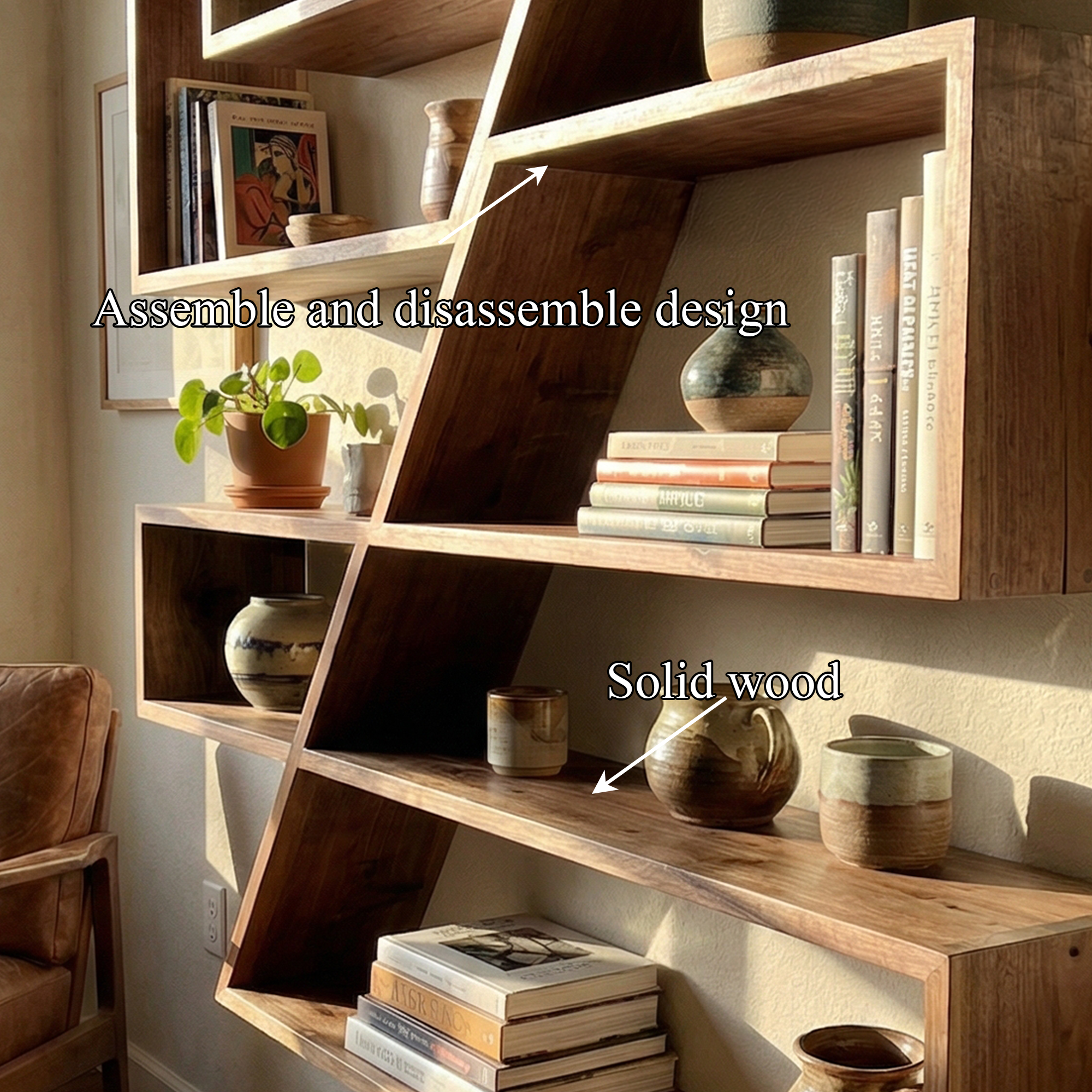 Modern Zigzag Floating Wall Shelf Solid Wood Artistic Storage SINLKIFL490